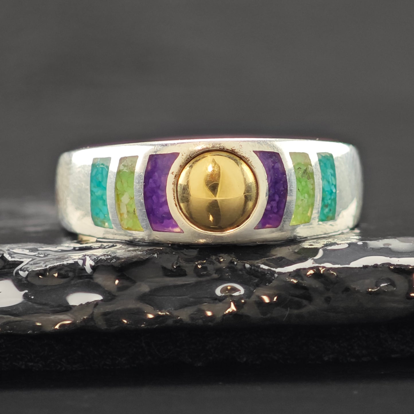 Gemstone Inlay 14K Gold Accent Ring Sterling Silver Sz 9 R6306