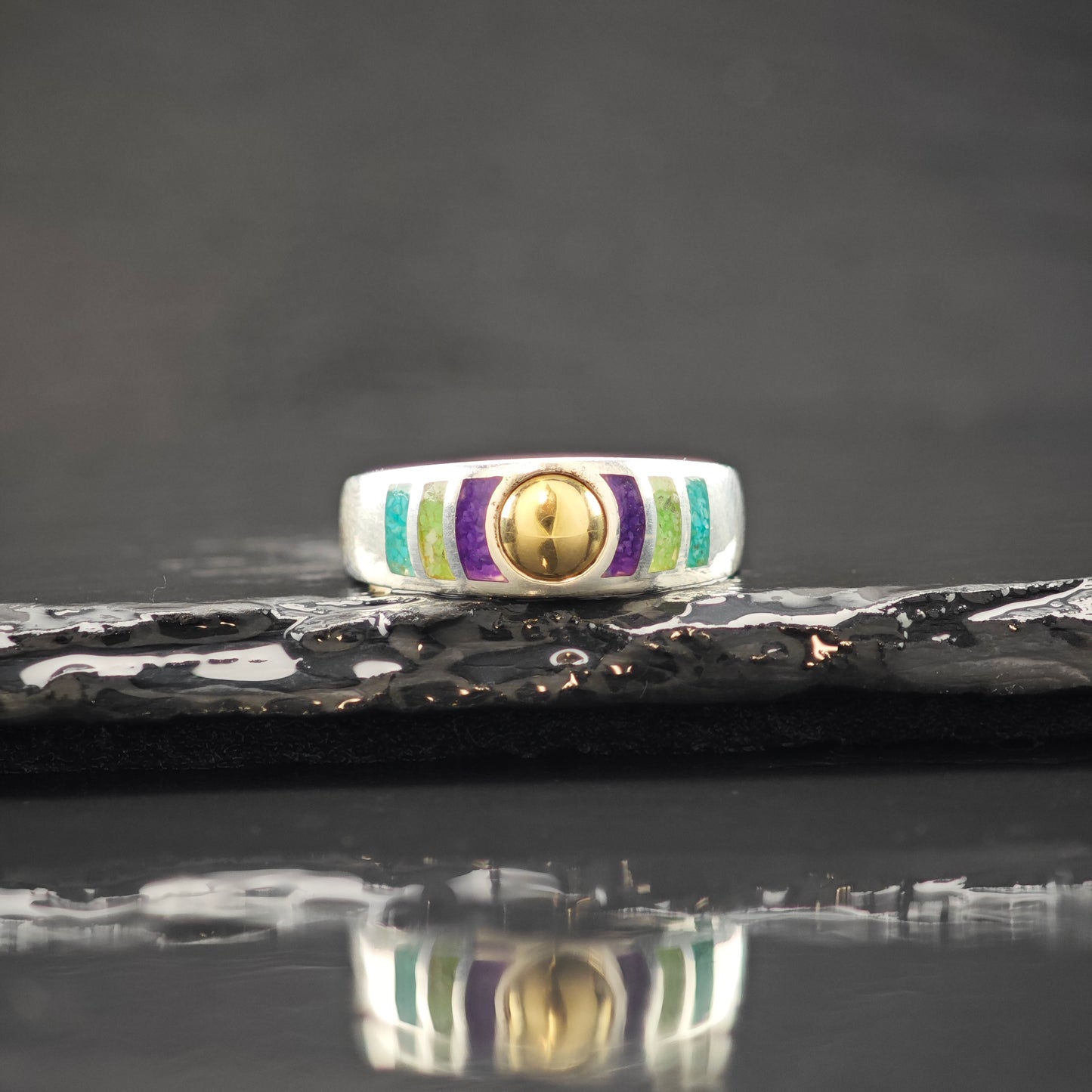 Gemstone Inlay 14K Gold Accent Ring Sterling Silver Sz 9 R6306