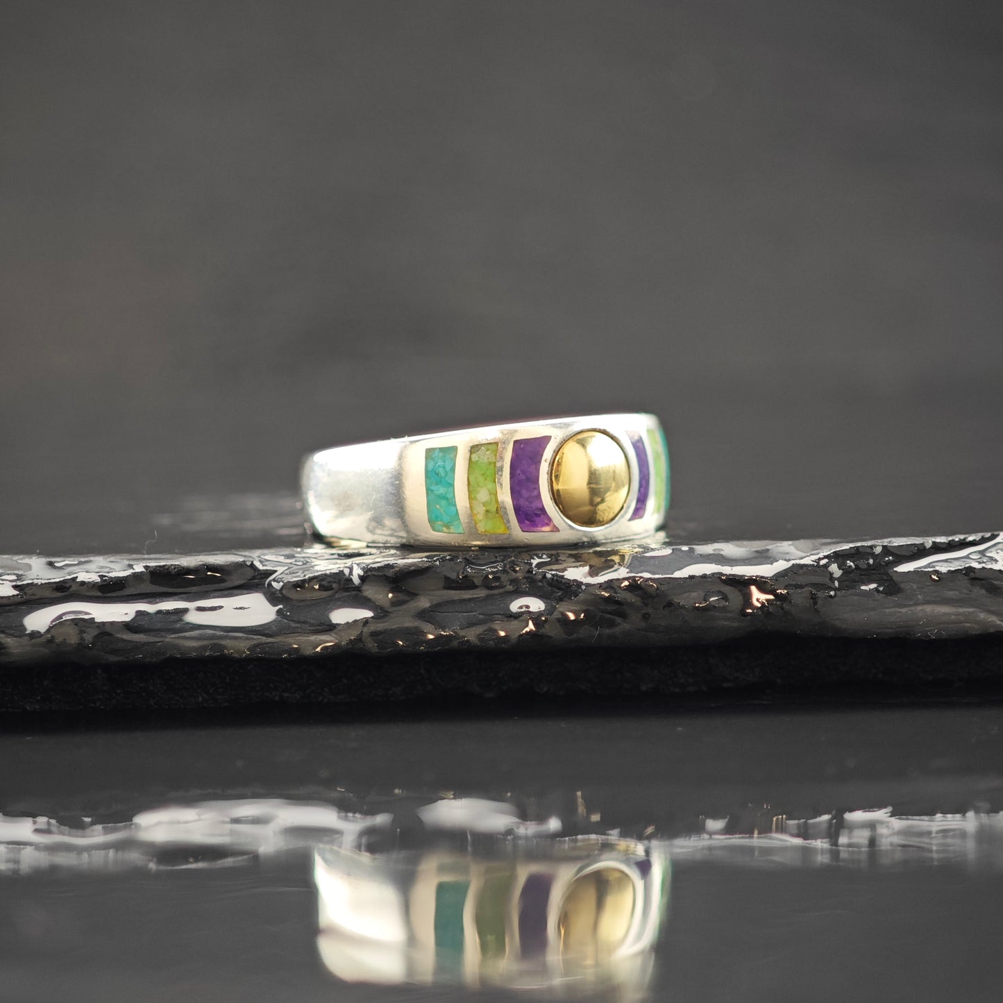 Gemstone Inlay 14K Gold Accent Ring Sterling Silver Sz 9 R6306
