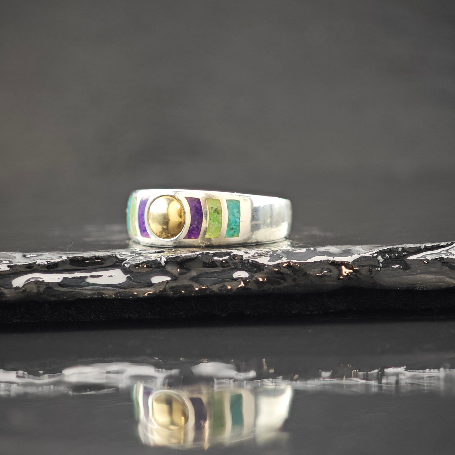 Gemstone Inlay 14K Gold Accent Ring Sterling Silver Sz 9 R6306