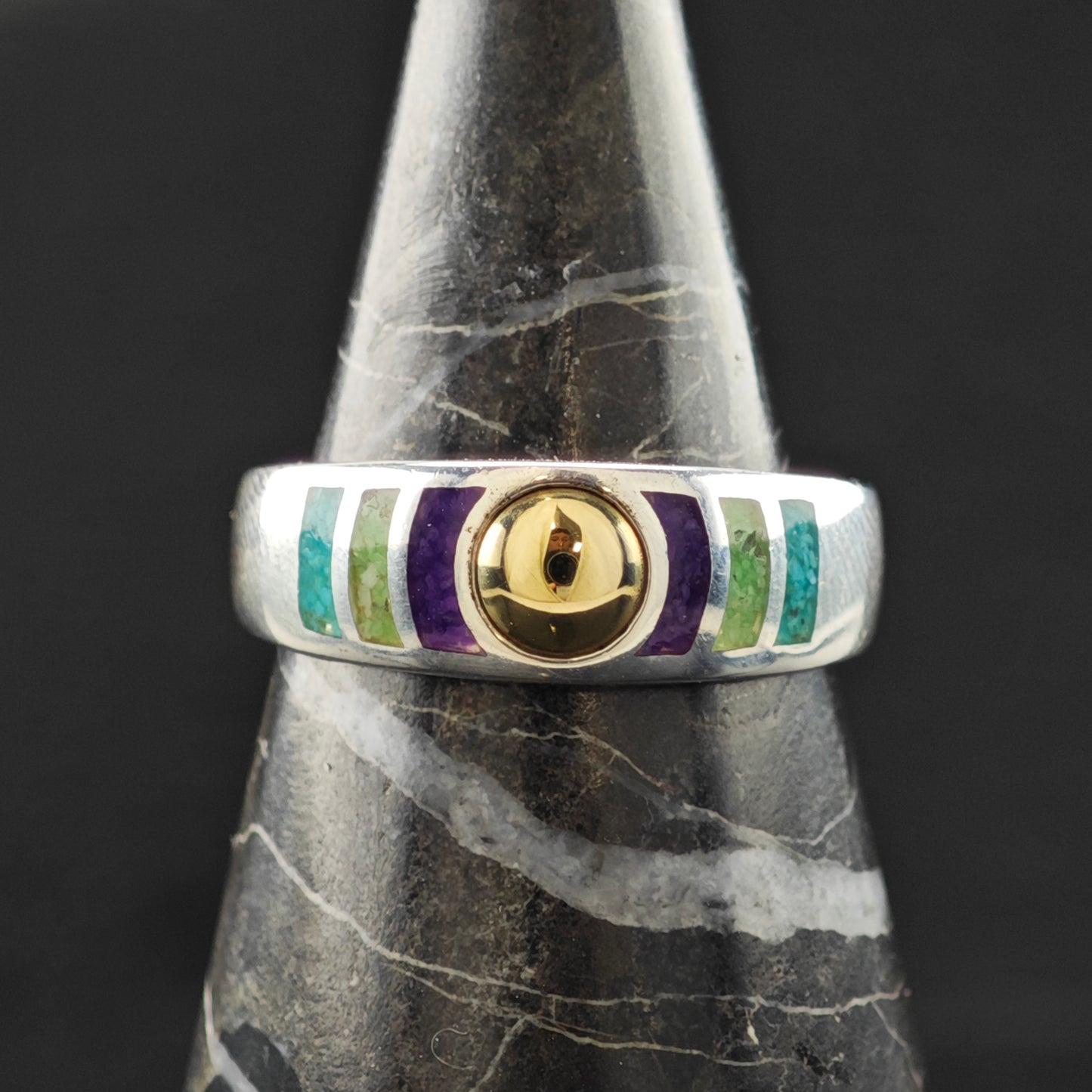 Gemstone Inlay 14K Gold Accent Ring Sterling Silver Sz 9 R6306