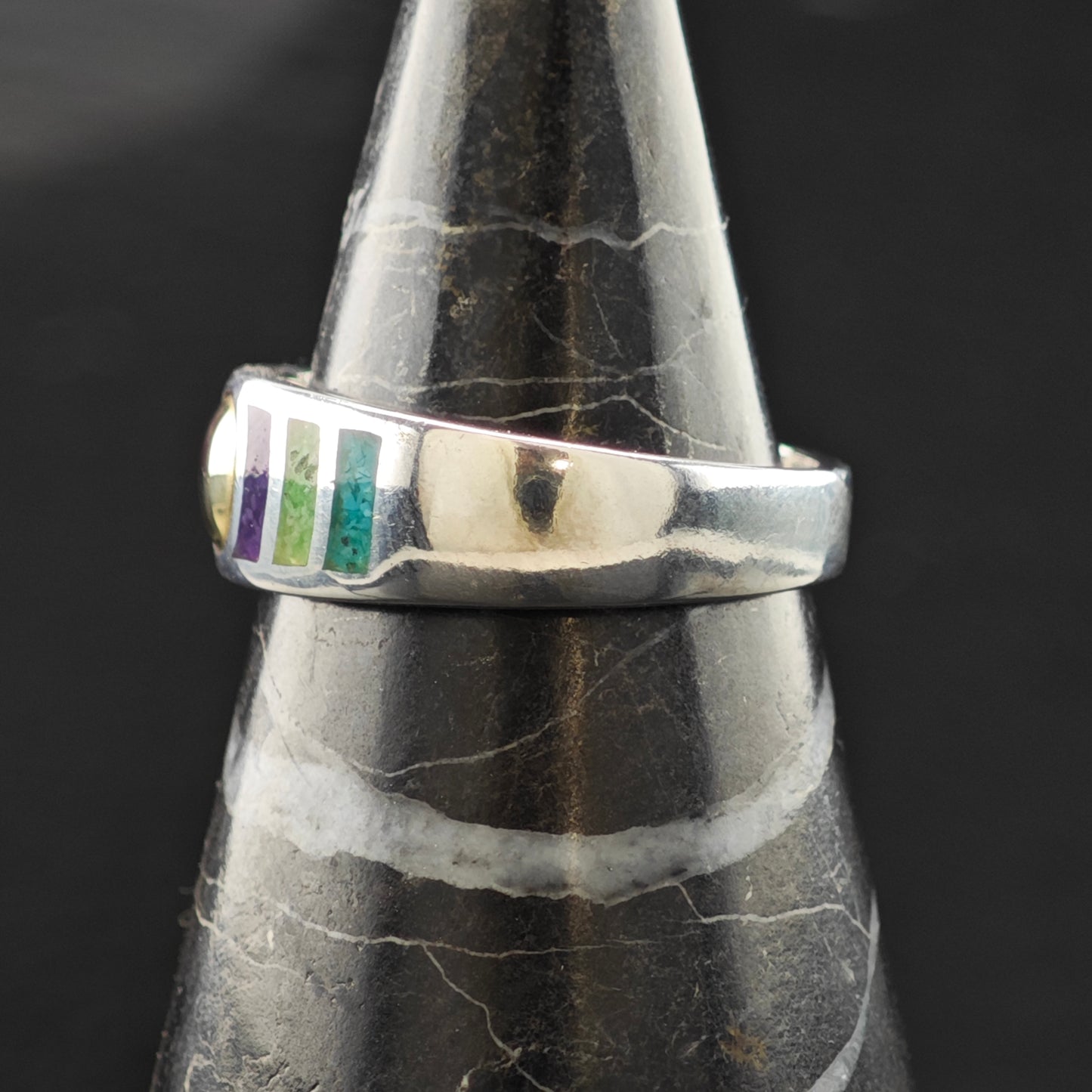 Gemstone Inlay 14K Gold Accent Ring Sterling Silver Sz 9 R6306