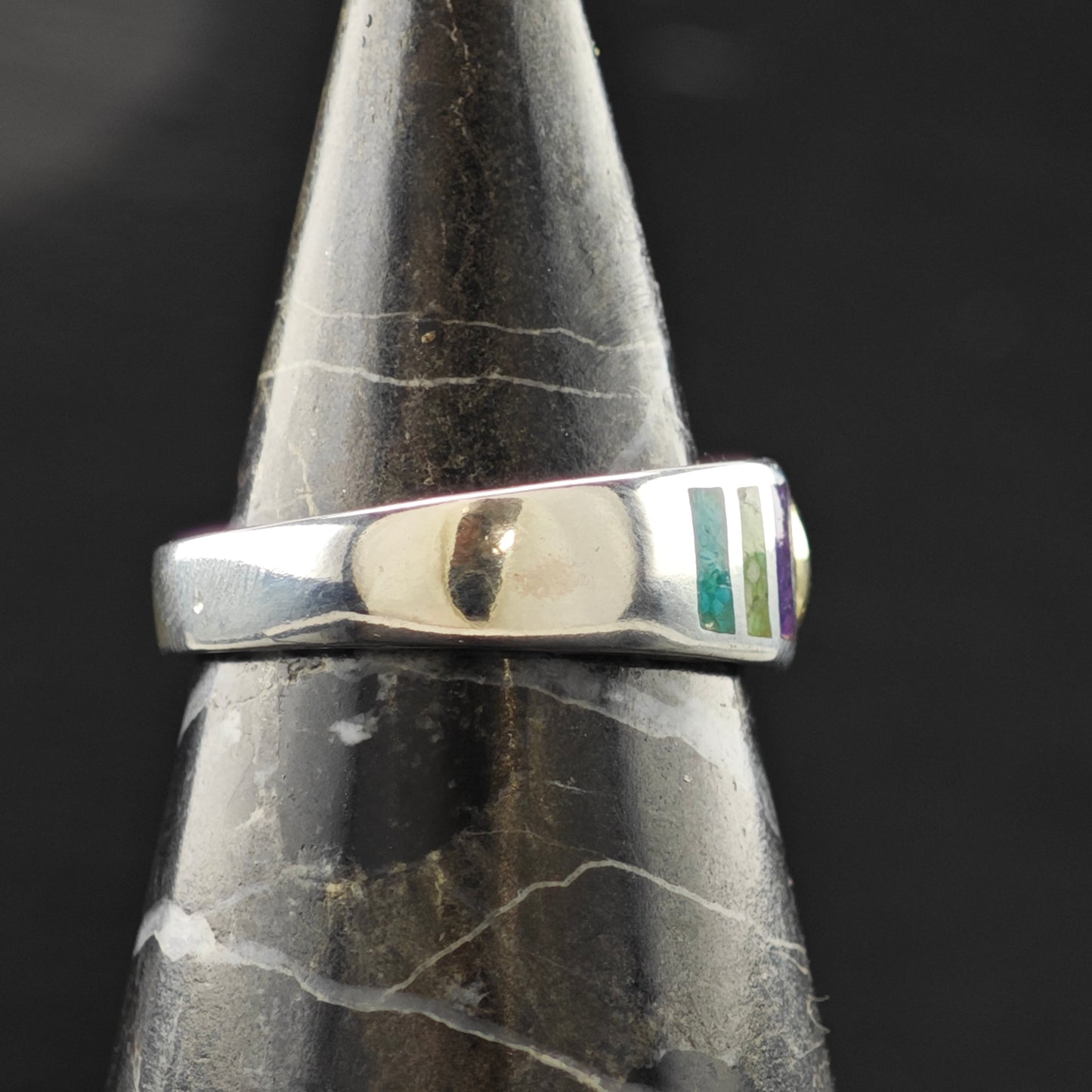 Gemstone Inlay 14K Gold Accent Ring Sterling Silver Sz 9 R6306