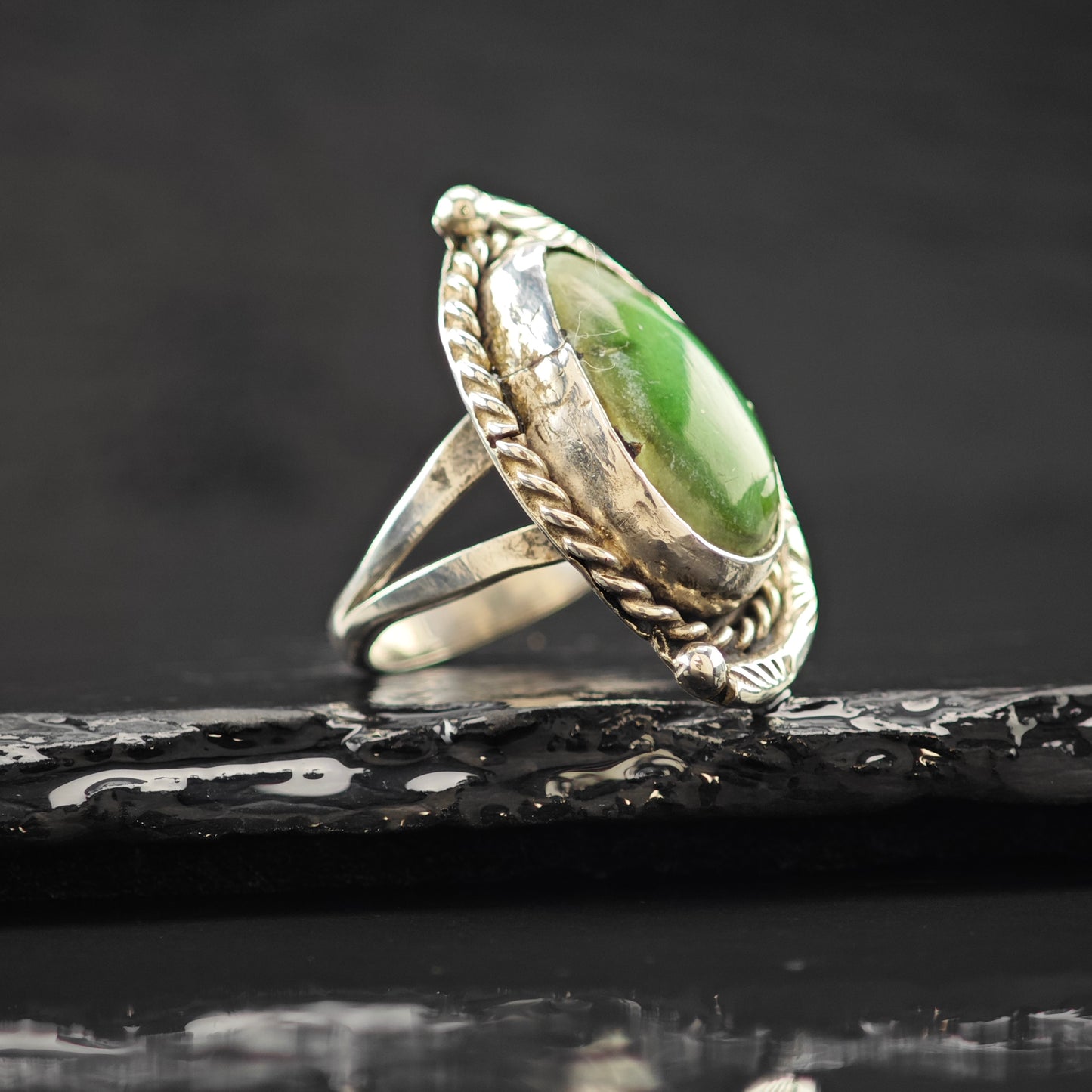 Oval Green Cabochon Southwestern Ring Sterling Silver Sz 6 R6310