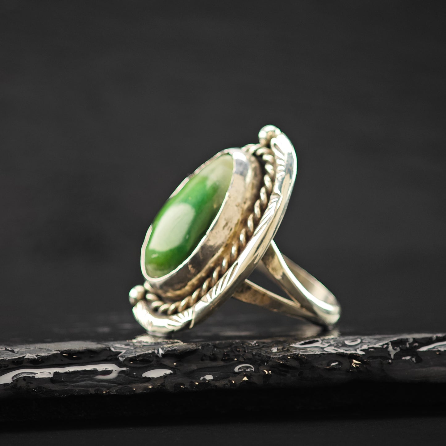 Oval Green Cabochon Southwestern Ring Sterling Silver Sz 6 R6310