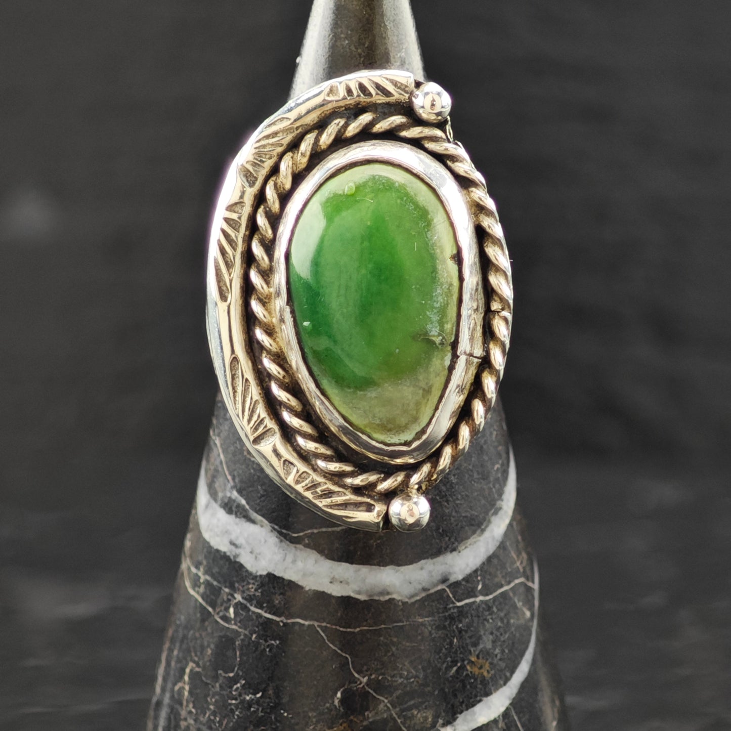 Oval Green Cabochon Southwestern Ring Sterling Silver Sz 6 R6310