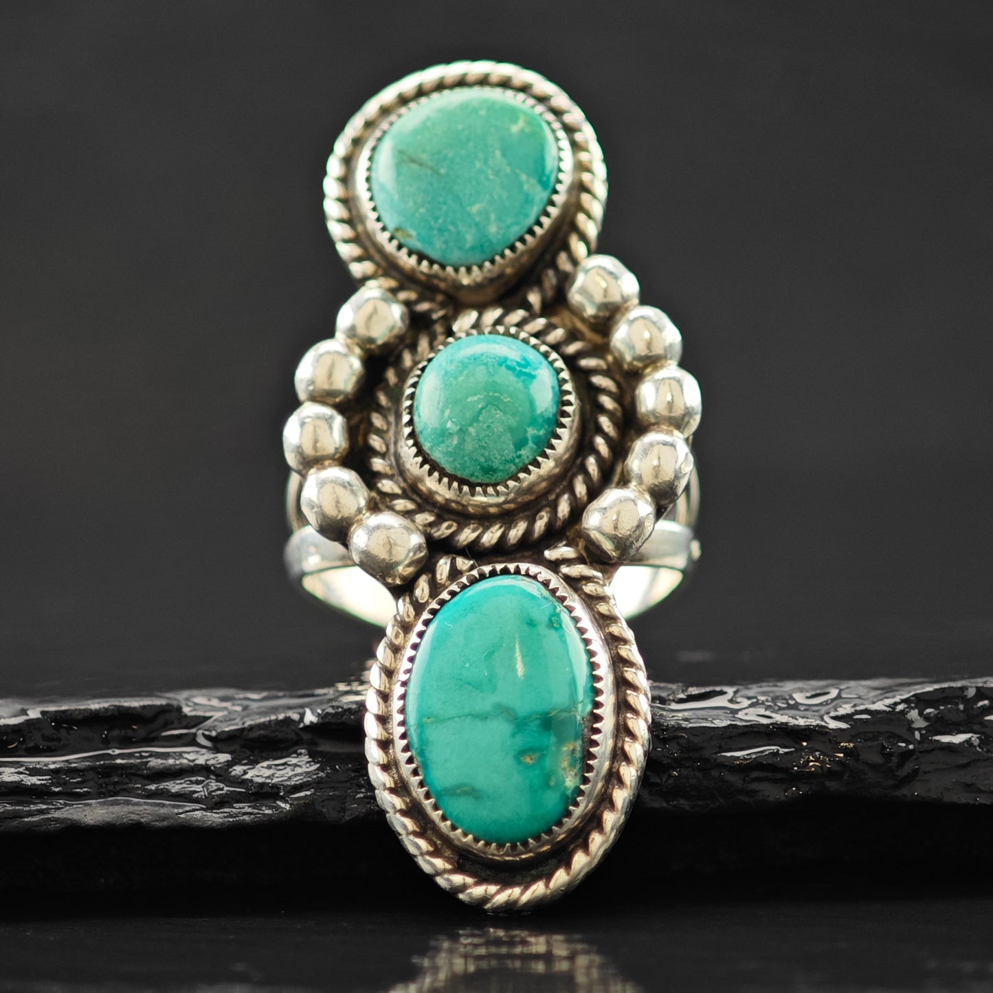 Three Stone Turquoise Native Ring Sterling Silver Sz 8 1/2 R6322