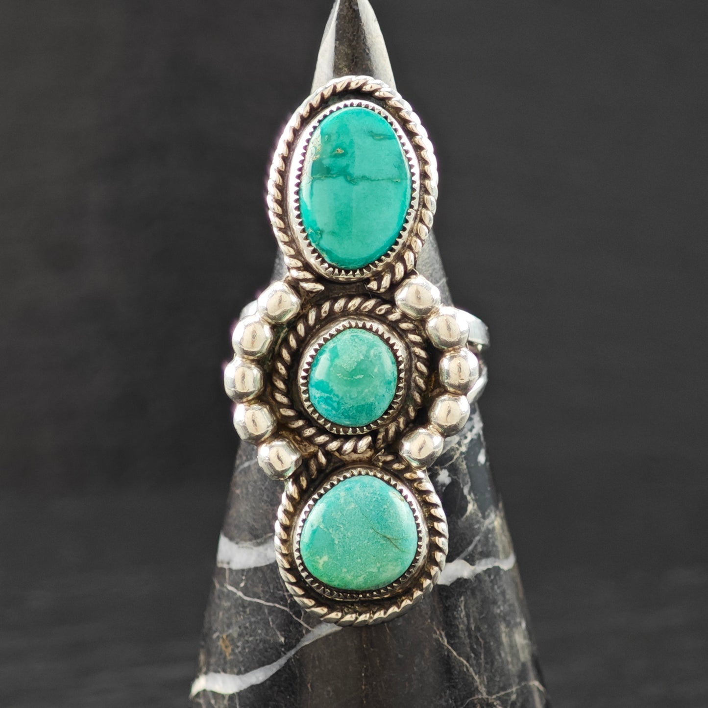 Three Stone Turquoise Native Ring Sterling Silver Sz 8 1/2 R6322