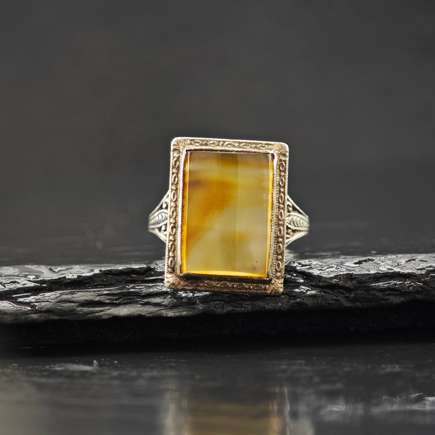 Art Deco Agate Ring Sterling Silver Sz 7 R6325