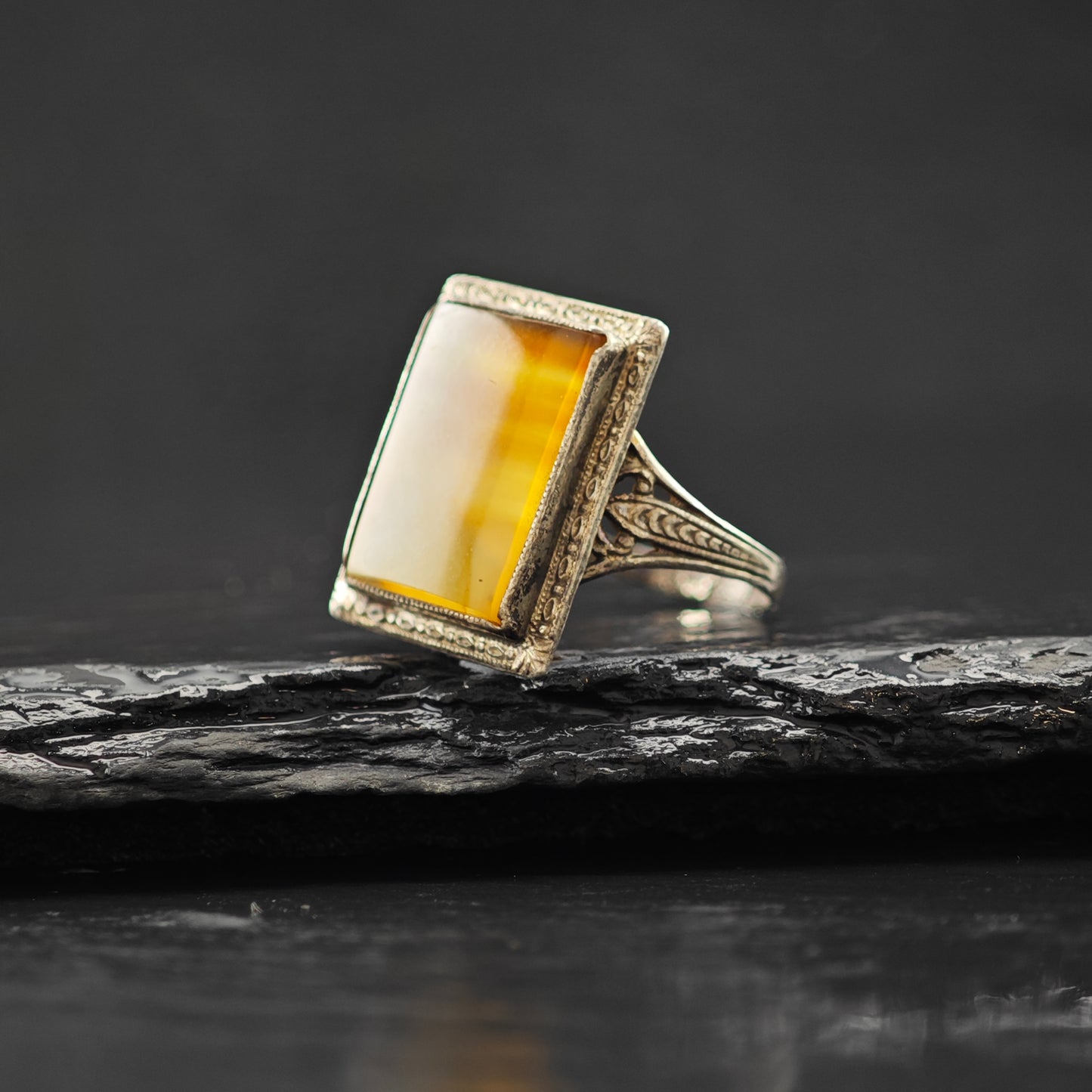 Art Deco Agate Ring Sterling Silver Sz 7 R6325