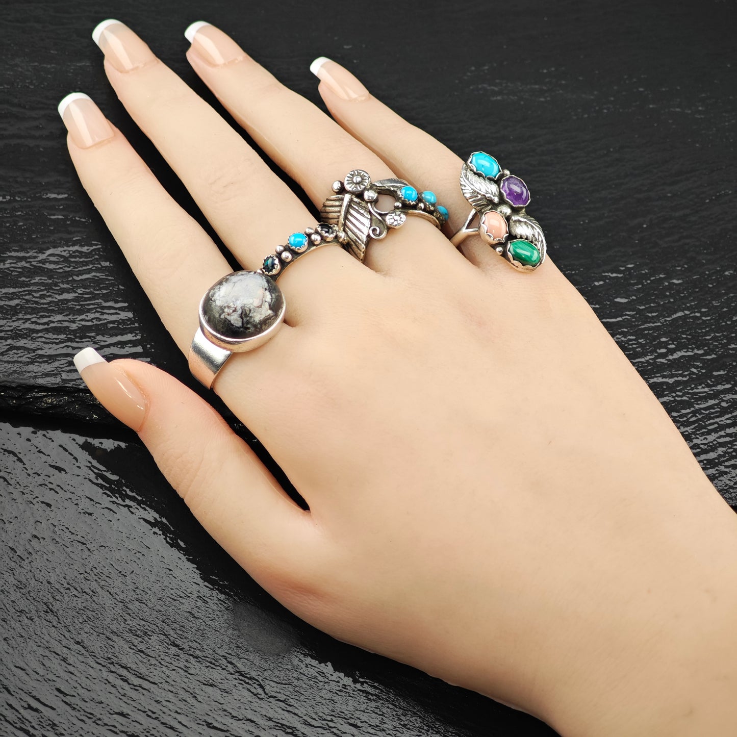 Turquoise, Floral Ring Sterling Silver Sz 5 1/2 R6277