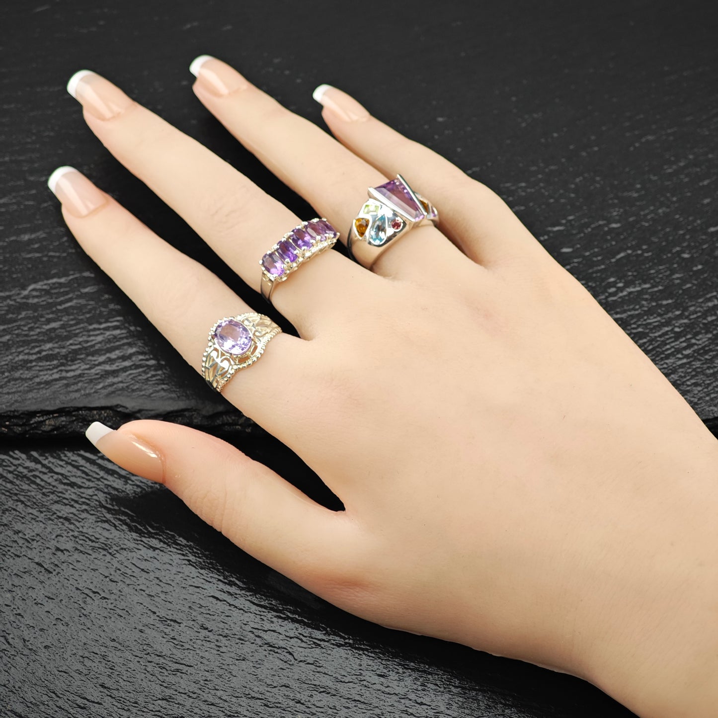 5 Stone Amethyst Ring Sterling Silver Sz 6 R6293