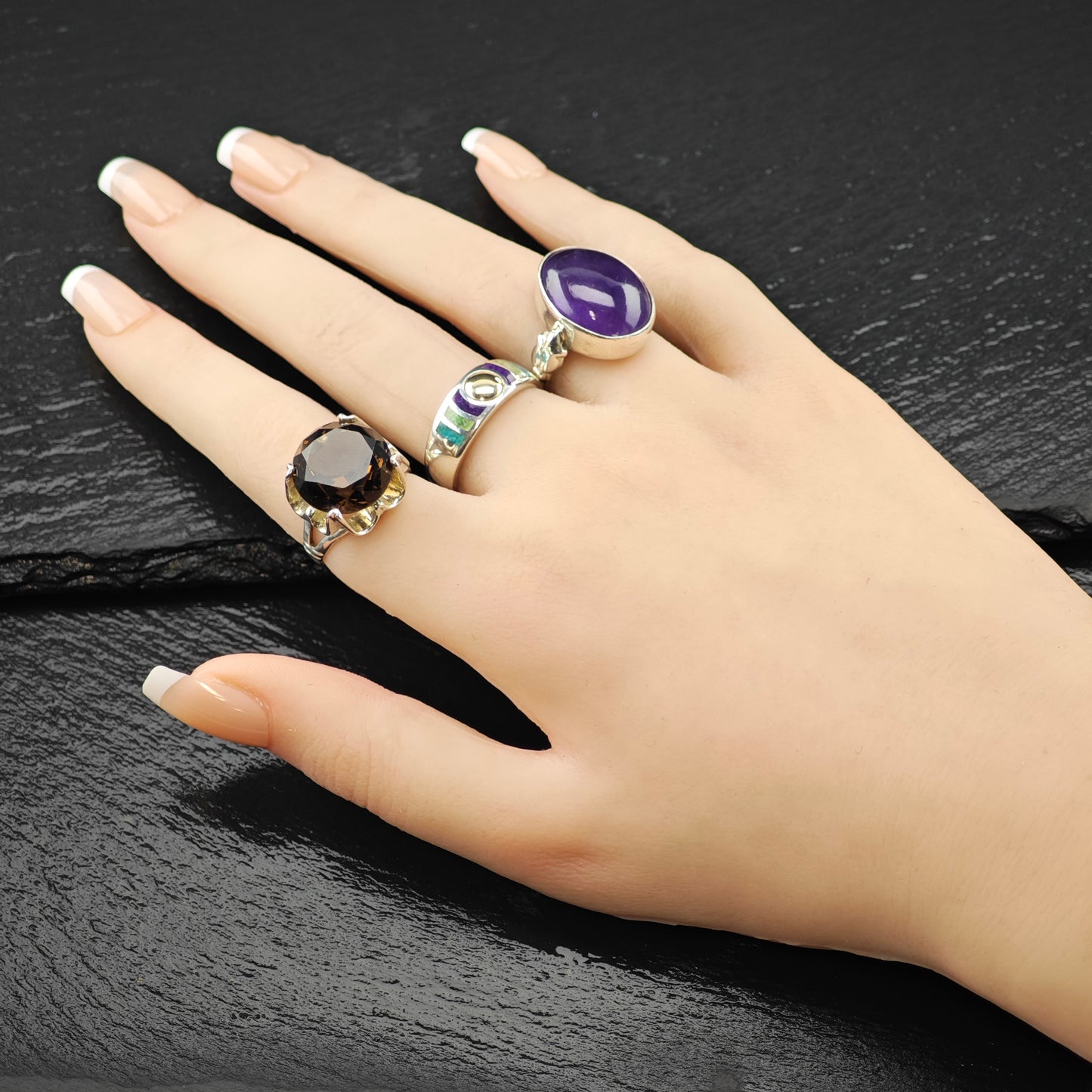 Gemstone Inlay 14K Gold Accent Ring Sterling Silver Sz 9 R6306