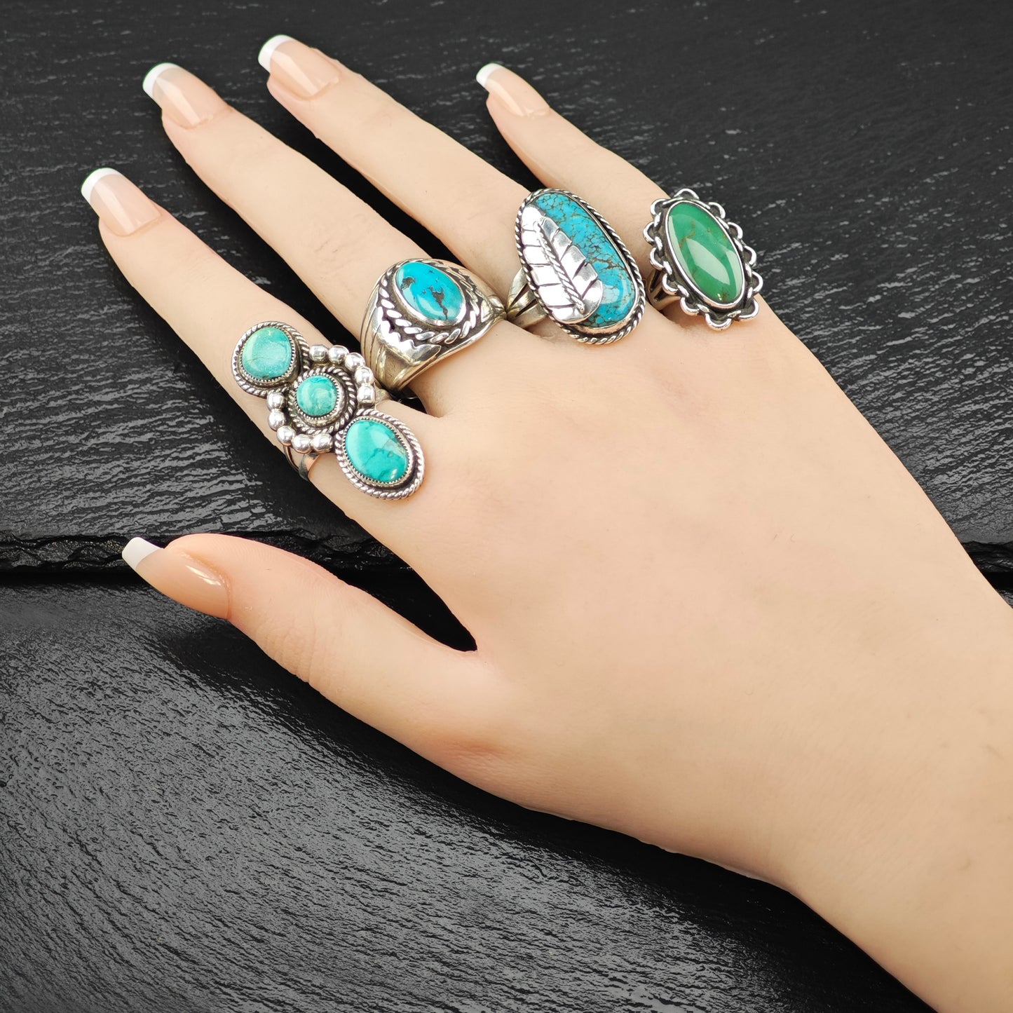 Three Stone Turquoise Native Ring Sterling Silver Sz 8 1/2 R6322
