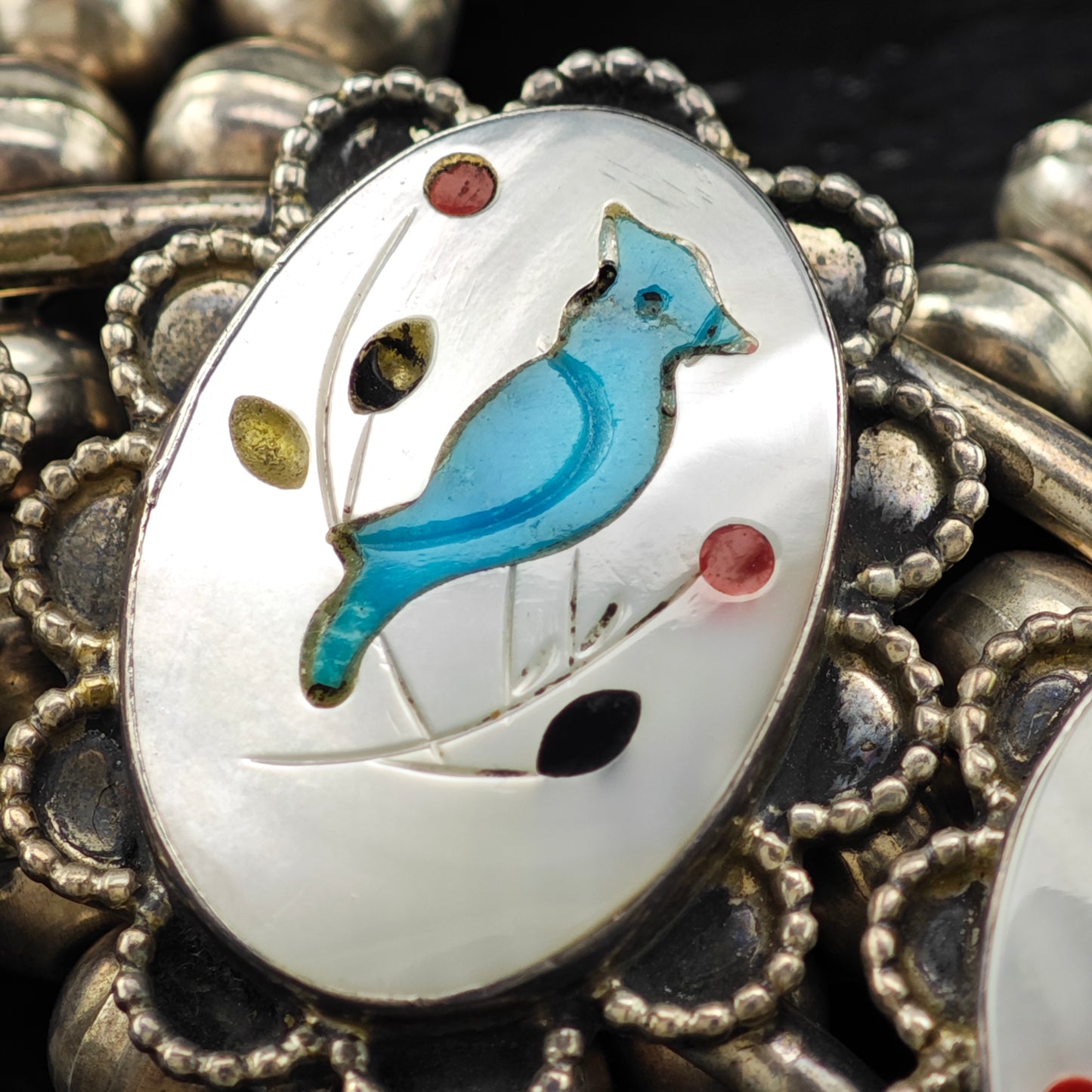 SW Sterling Silver Inlay Blue Jay Squash Blossom Necklace N2669
