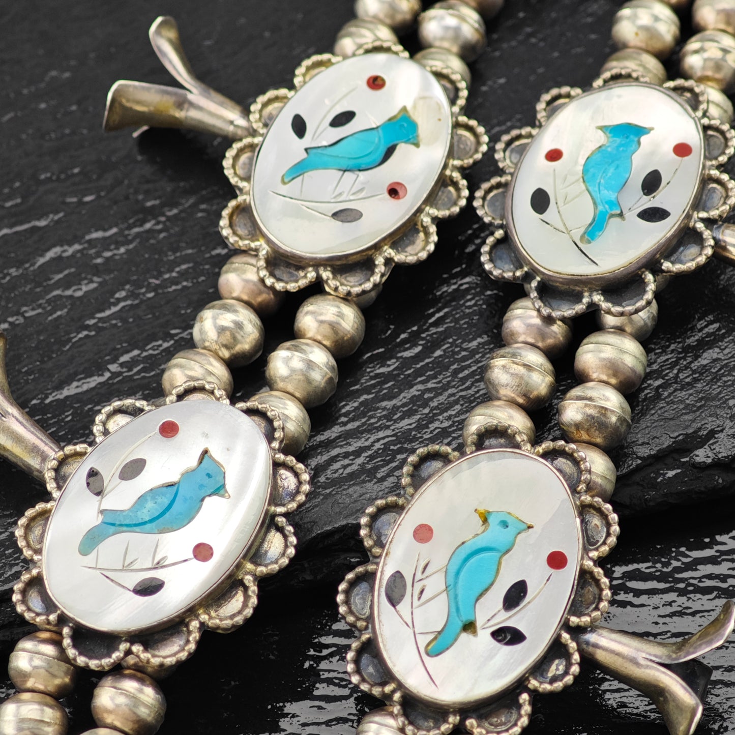 SW Sterling Silver Inlay Blue Jay Squash Blossom Necklace N2669