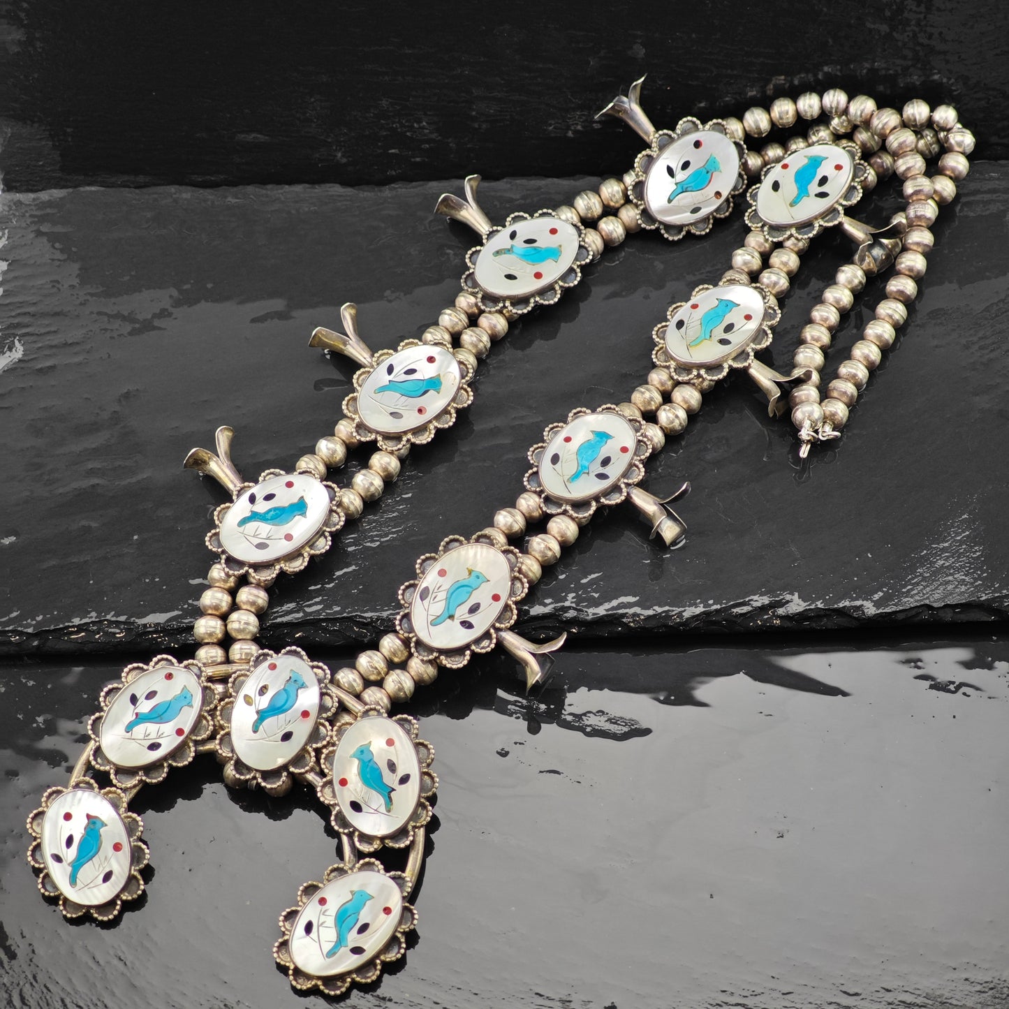SW Sterling Silver Inlay Blue Jay Squash Blossom Necklace N2669