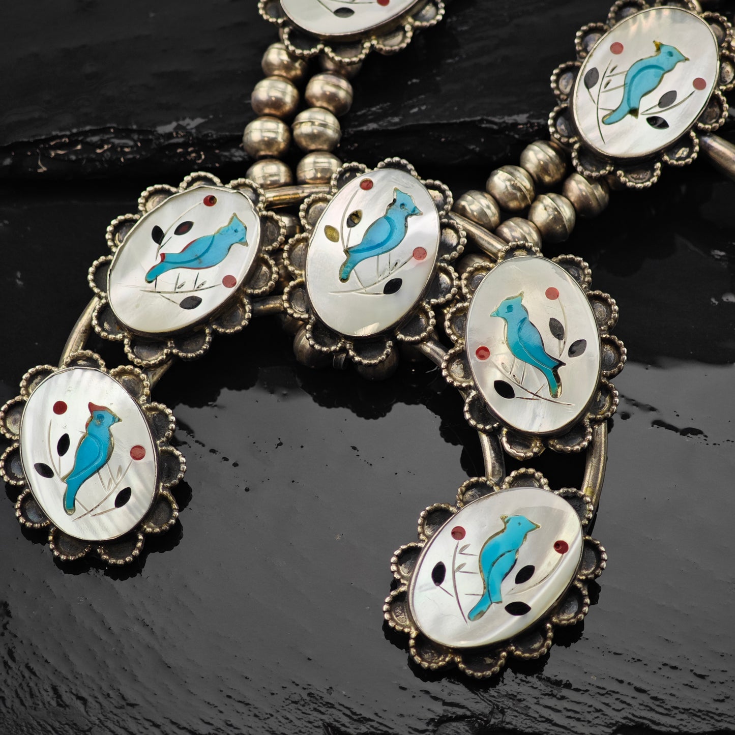 SW Sterling Silver Inlay Blue Jay Squash Blossom Necklace N2669
