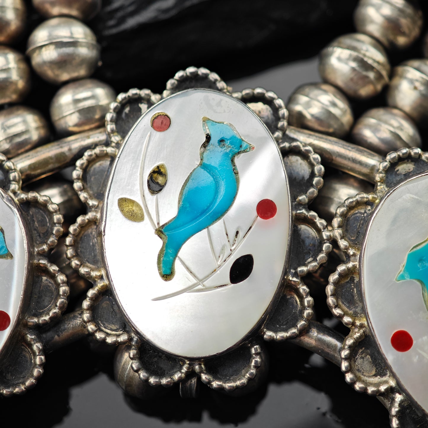 SW Sterling Silver Inlay Blue Jay Squash Blossom Necklace N2669