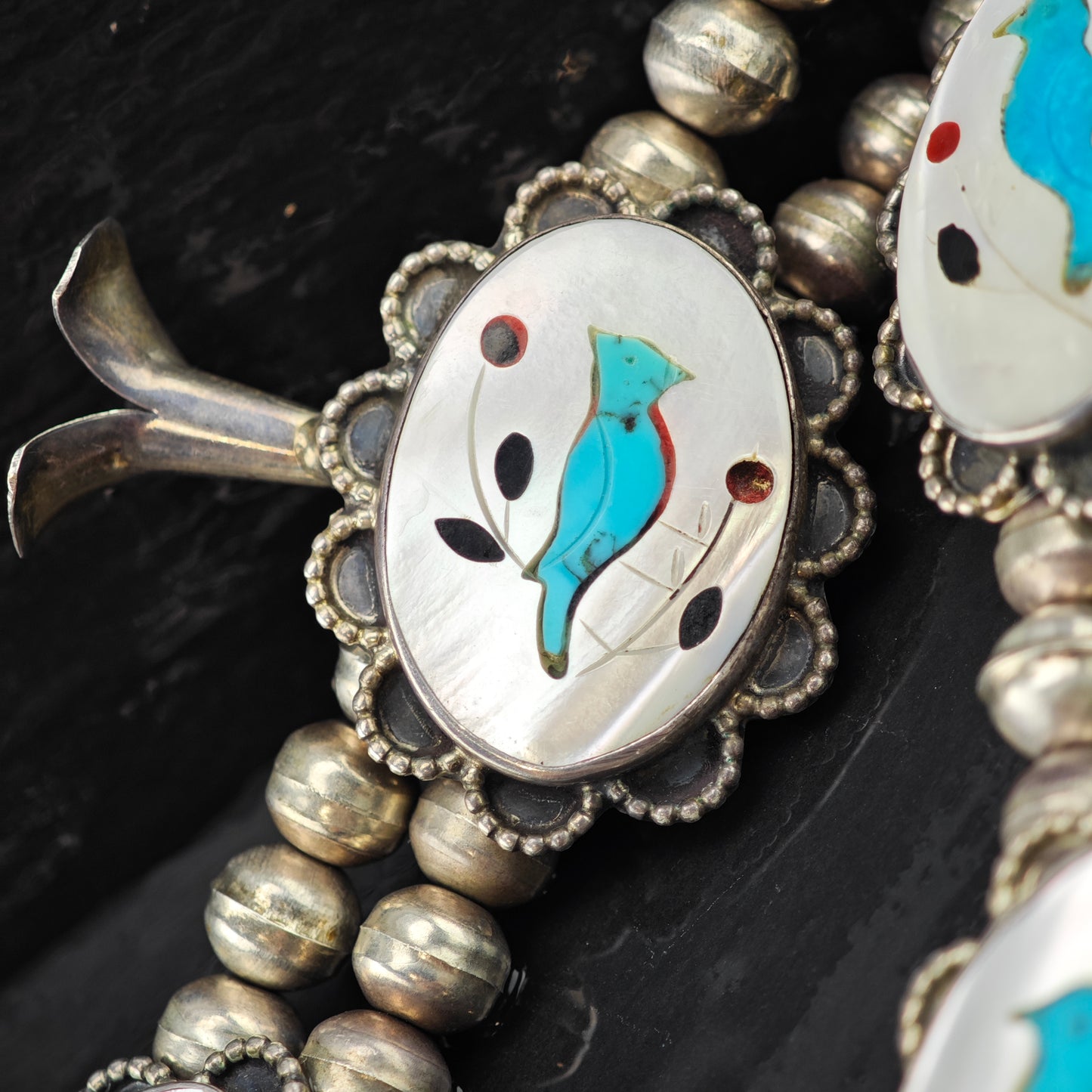 SW Sterling Silver Inlay Blue Jay Squash Blossom Necklace N2669