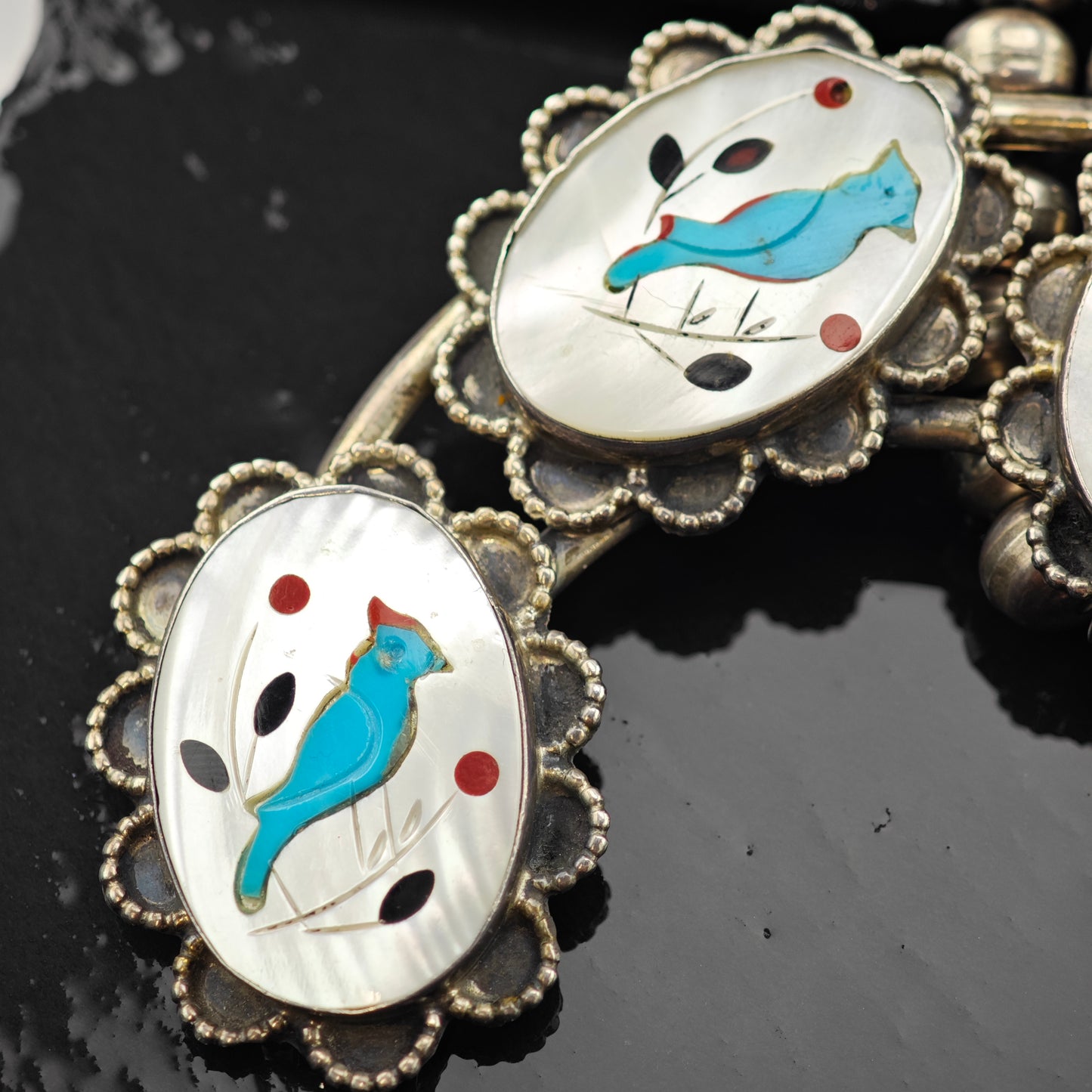 SW Sterling Silver Inlay Blue Jay Squash Blossom Necklace N2669