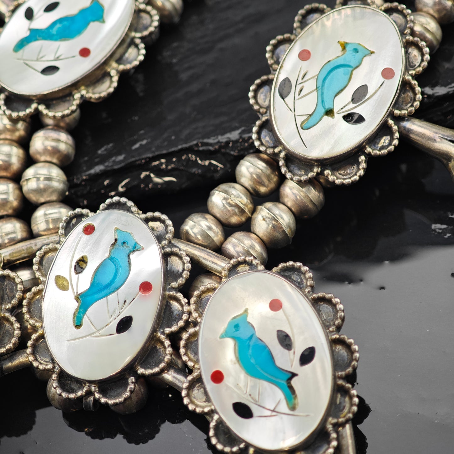 SW Sterling Silver Inlay Blue Jay Squash Blossom Necklace N2669