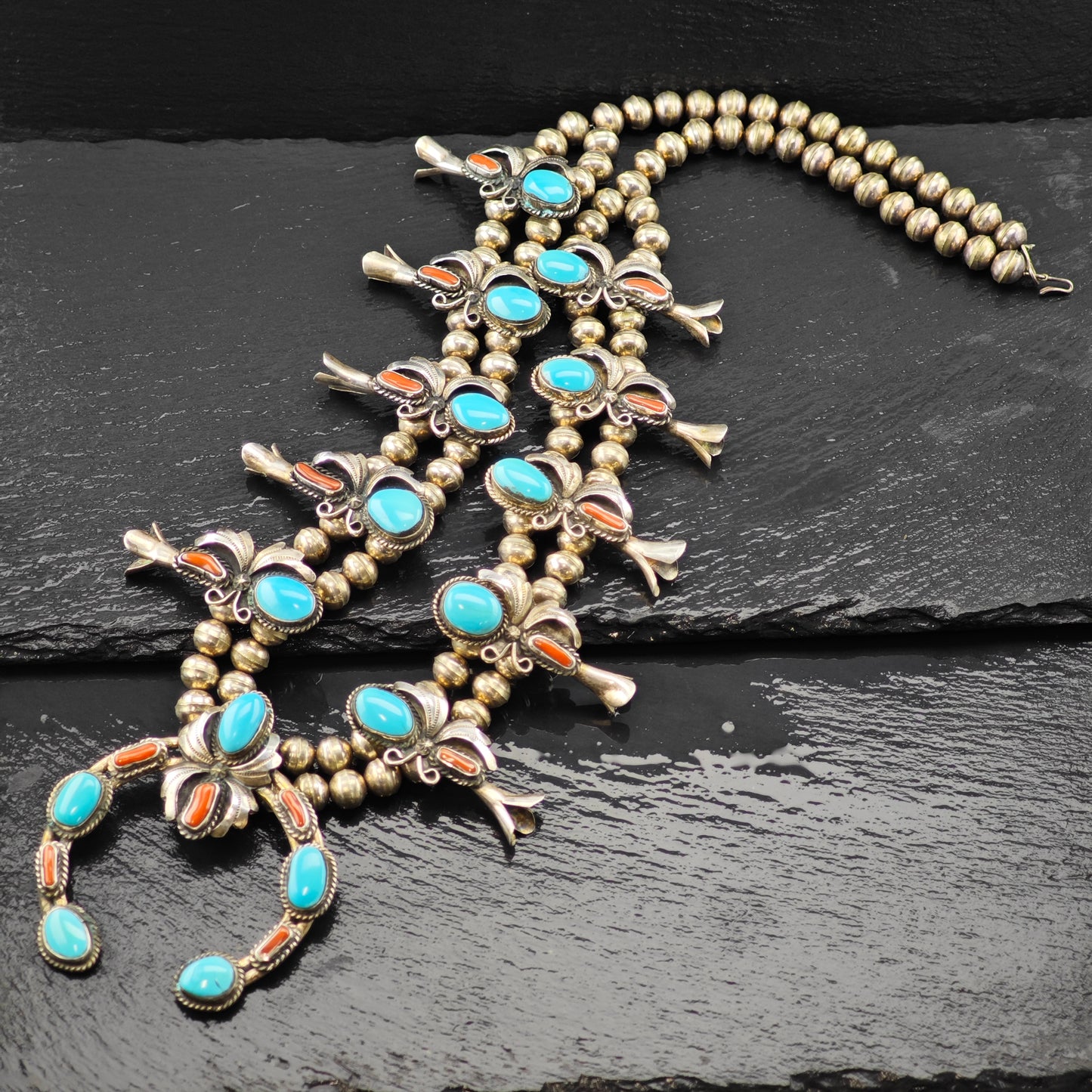 Native American Turquoise and Coral Sterling Silver Squash Blossom Necklace N2670