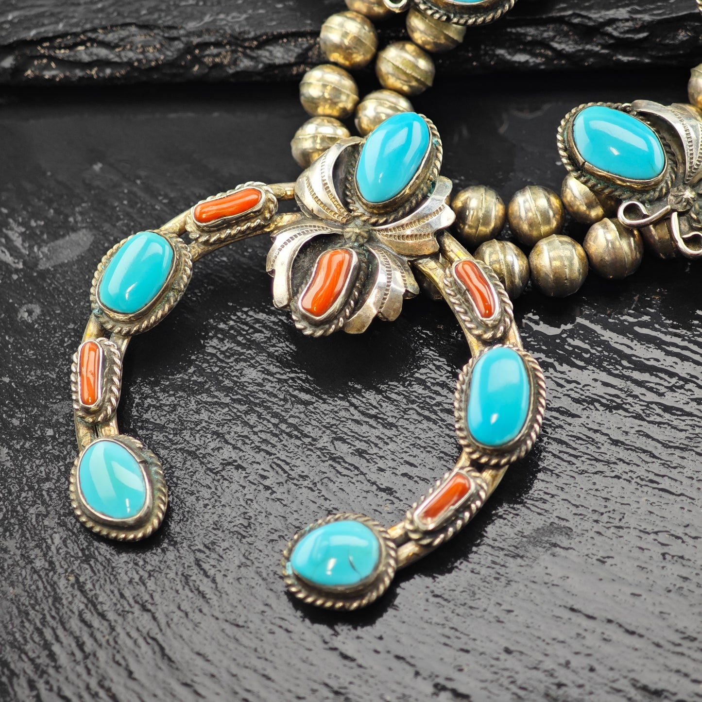 Native American Turquoise and Coral Sterling Silver Squash Blossom Necklace N2670