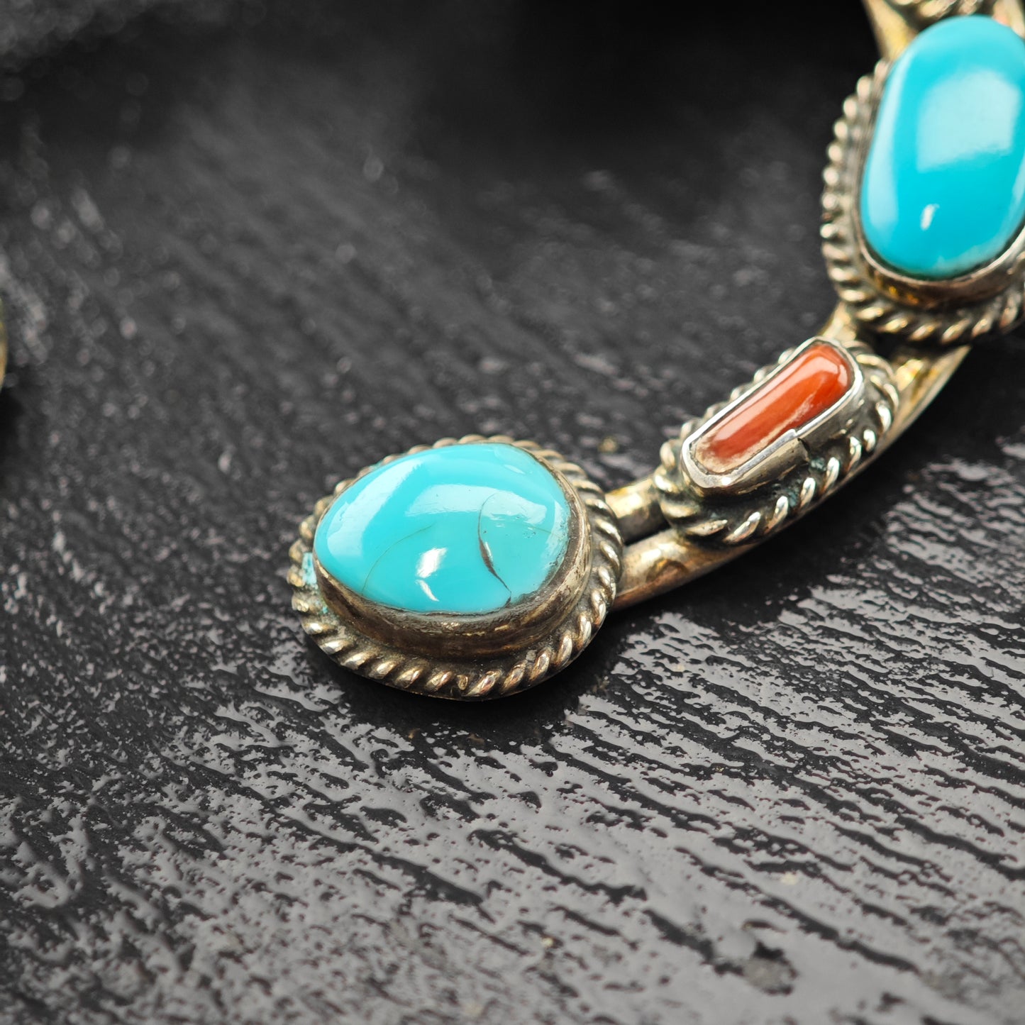Native American Turquoise and Coral Sterling Silver Squash Blossom Necklace N2670