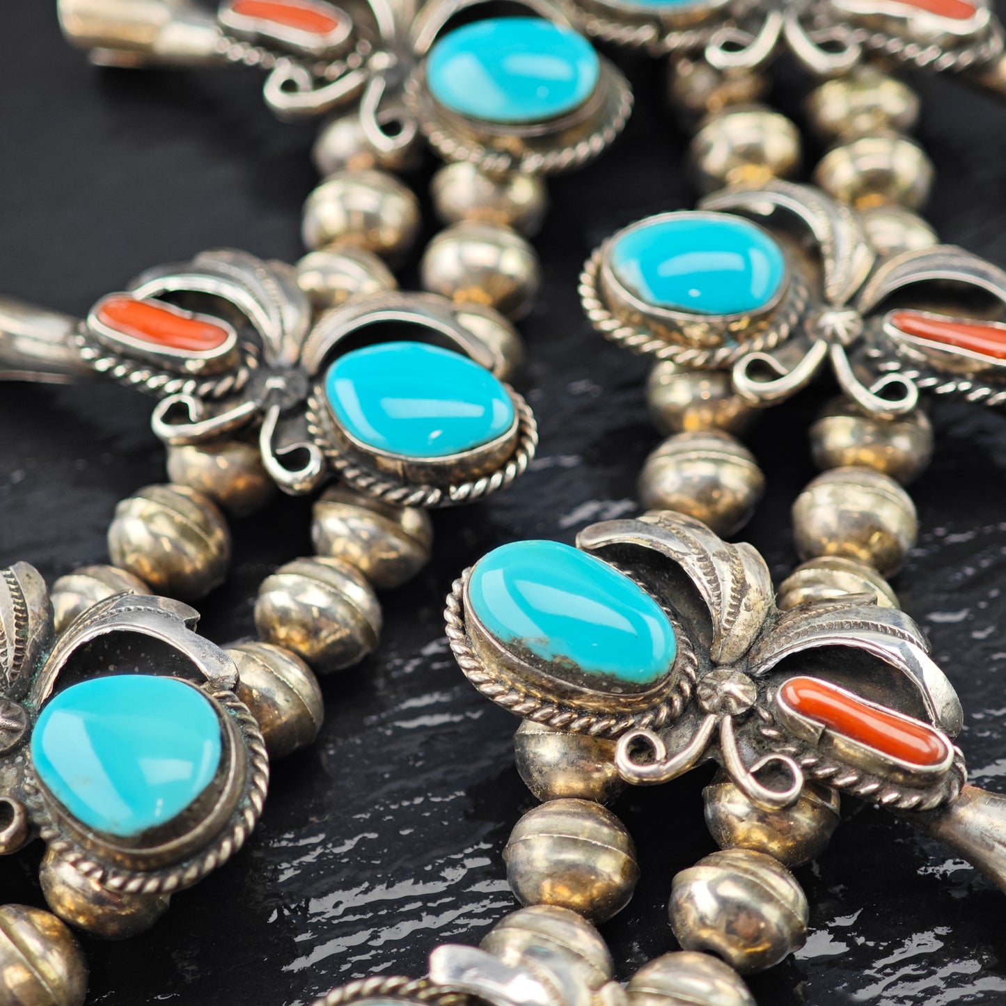 Native American Turquoise and Coral Sterling Silver Squash Blossom Necklace N2670