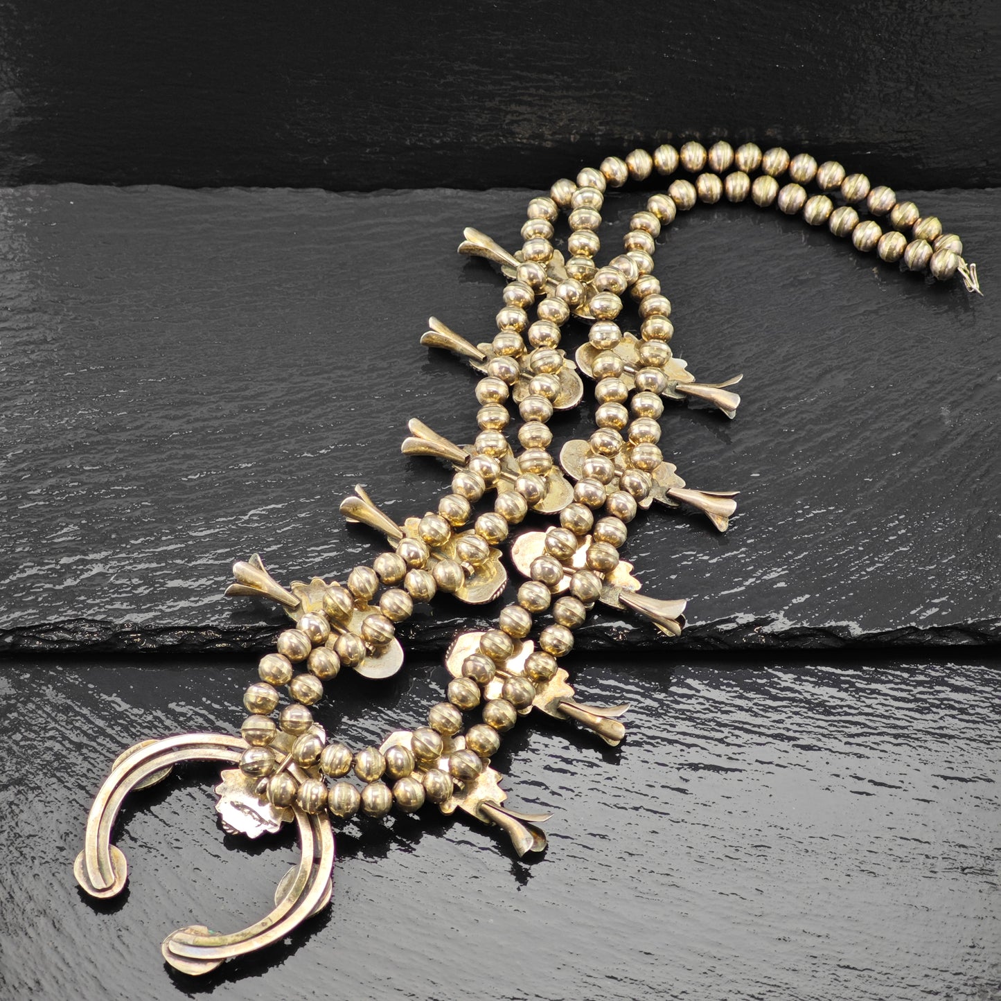 Native American Turquoise and Coral Sterling Silver Squash Blossom Necklace N2670