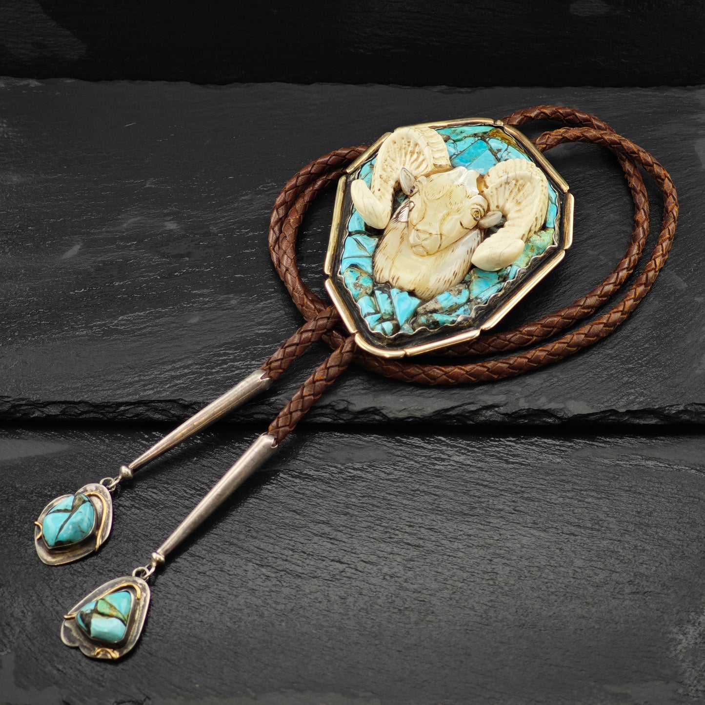 Carved Ram/Aries Sterling Silver w/ 14k Gold Accent Bolo Tie N2677
