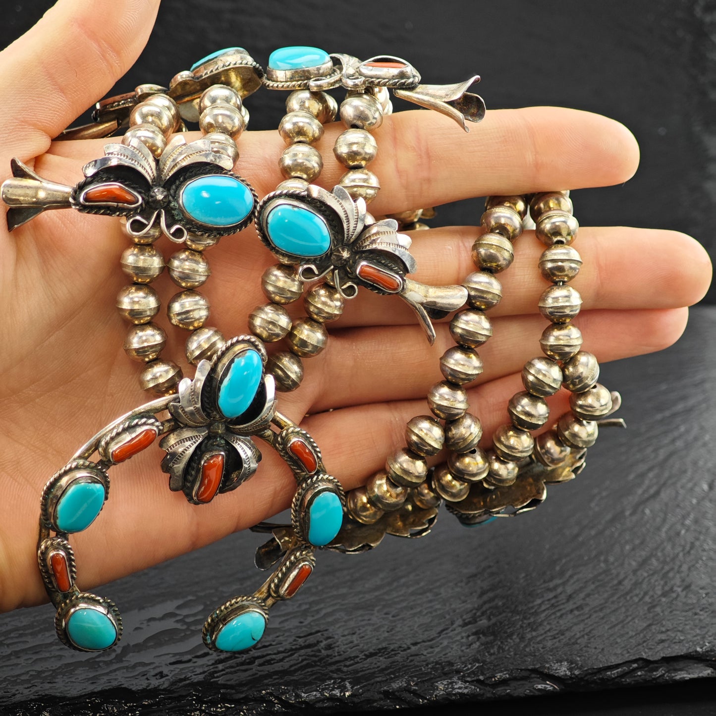 Native American Turquoise and Coral Sterling Silver Squash Blossom Necklace N2670