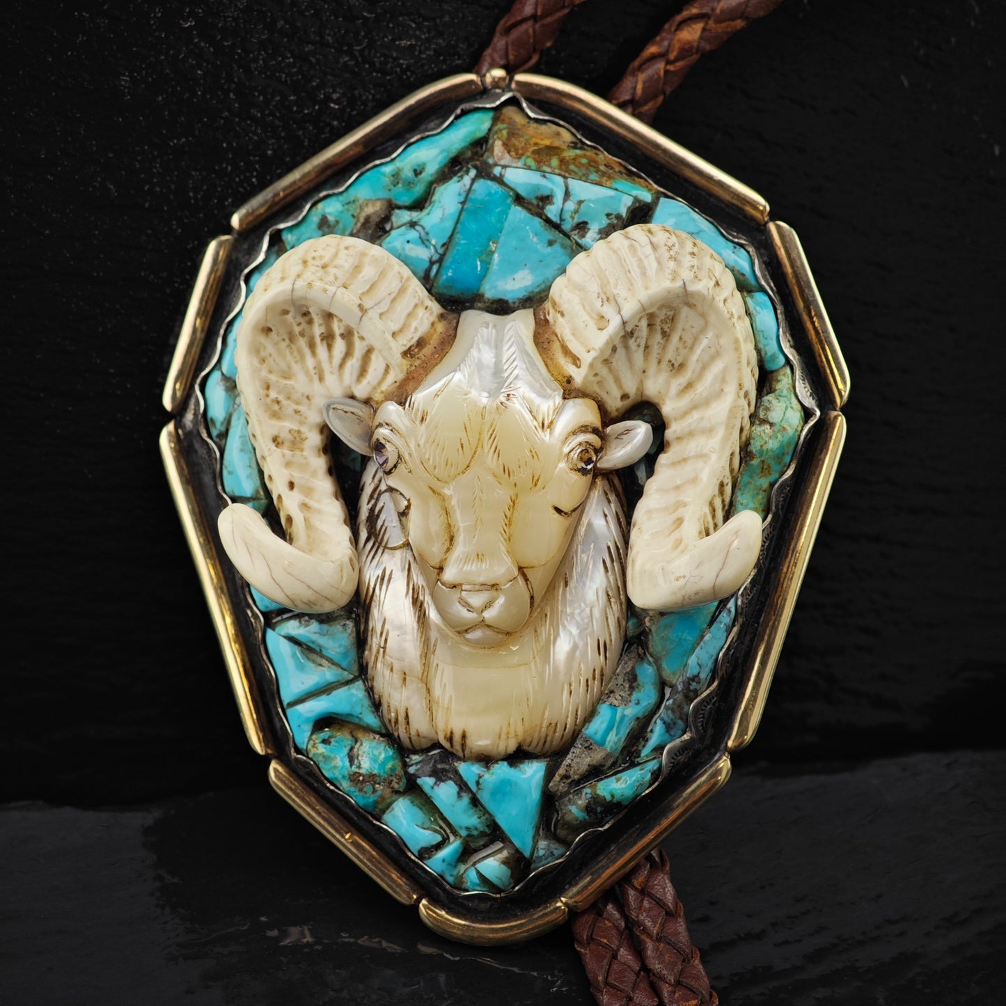 Carved Ram/Aries Sterling Silver w/ 14k Gold Accent Bolo Tie N2677