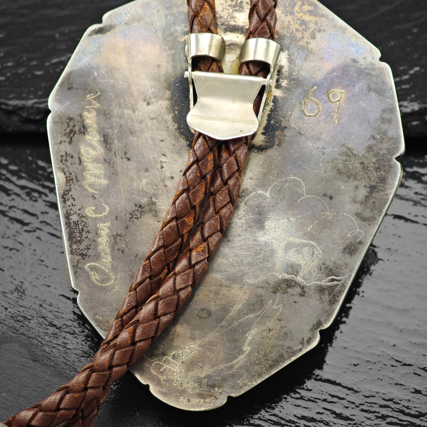 Carved Ram/Aries Sterling Silver w/ 14k Gold Accent Bolo Tie N2677