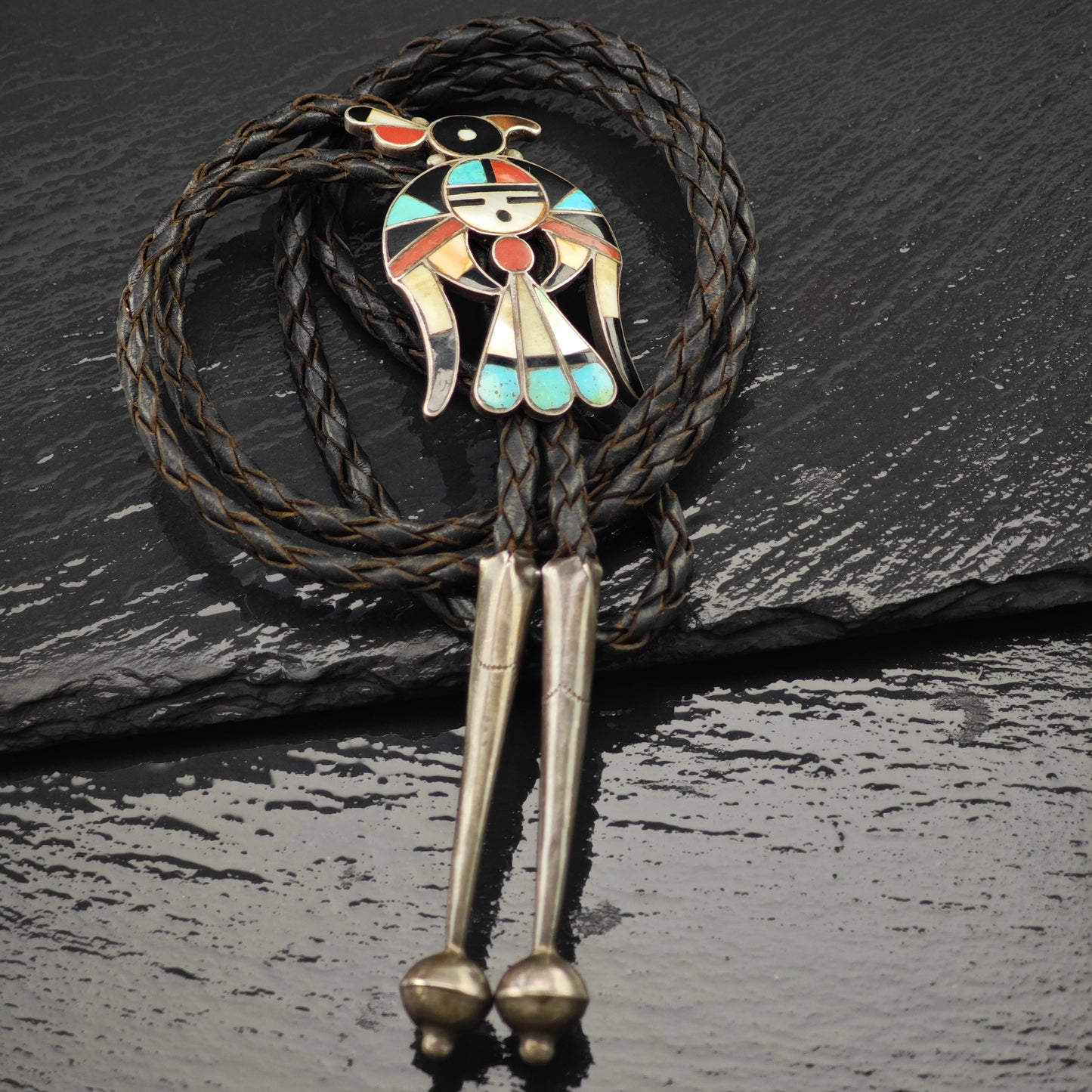 Frank Vacit Zuni Sterling Silver Thunderbird Leather Bolo Tie N2673