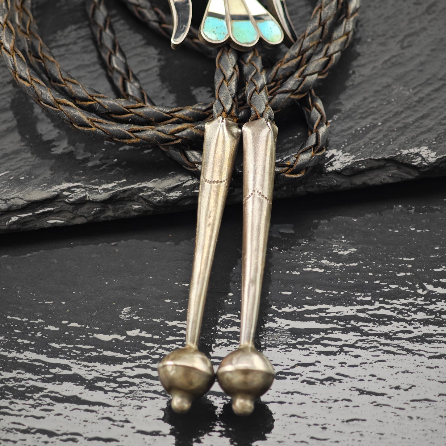 Frank Vacit Zuni Sterling Silver Thunderbird Leather Bolo Tie N2673