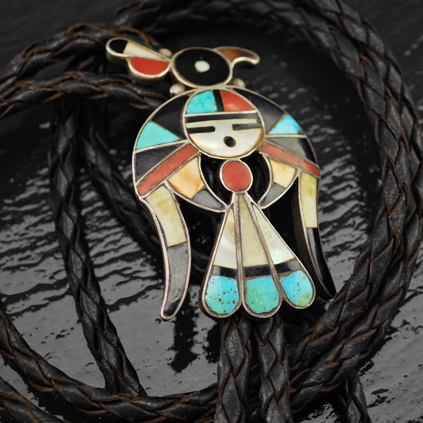 Frank Vacit Zuni Sterling Silver Thunderbird Leather Bolo Tie N2673