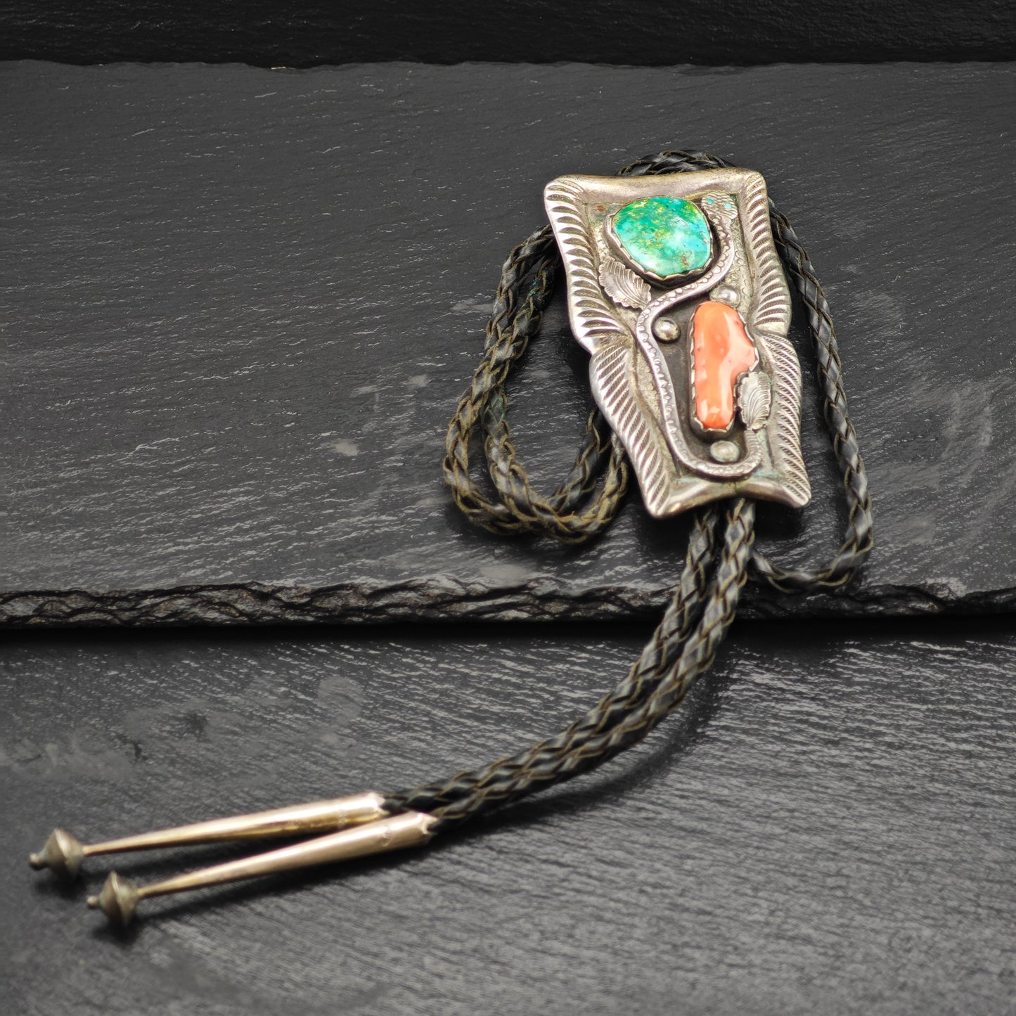 Simplicio Zuni Sterling Silver Turquoise and Coral Snake Bolo Tie N2676