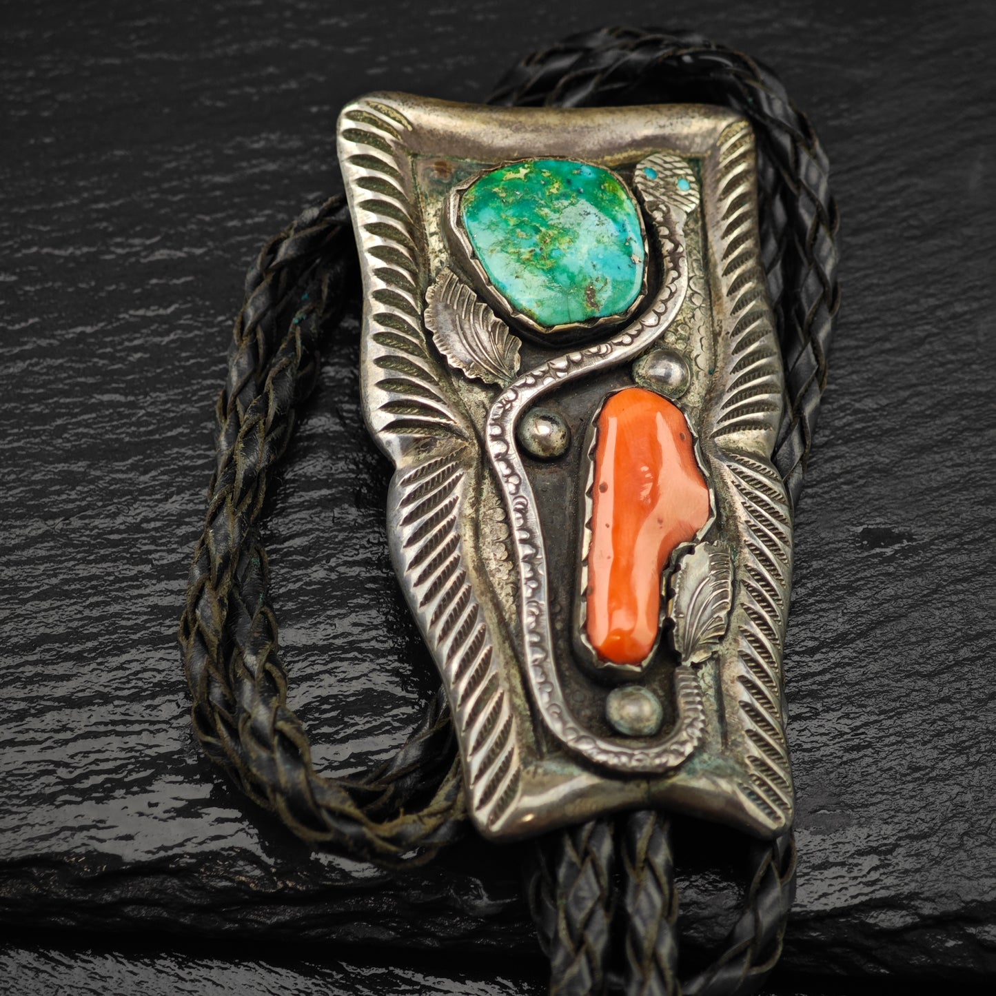 Simplicio Zuni Sterling Silver Turquoise and Coral Snake Bolo Tie N2676