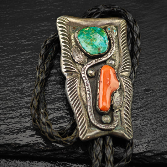 Simplicio Zuni Sterling Silver Turquoise and Coral Snake Bolo Tie