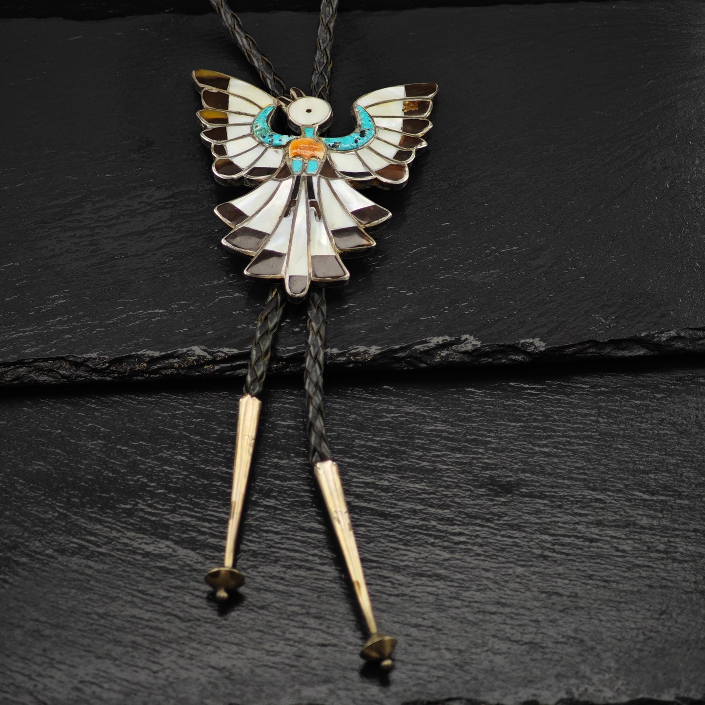 Native American Sterling Silver Thunderbird Leather Bolo Tie N2674