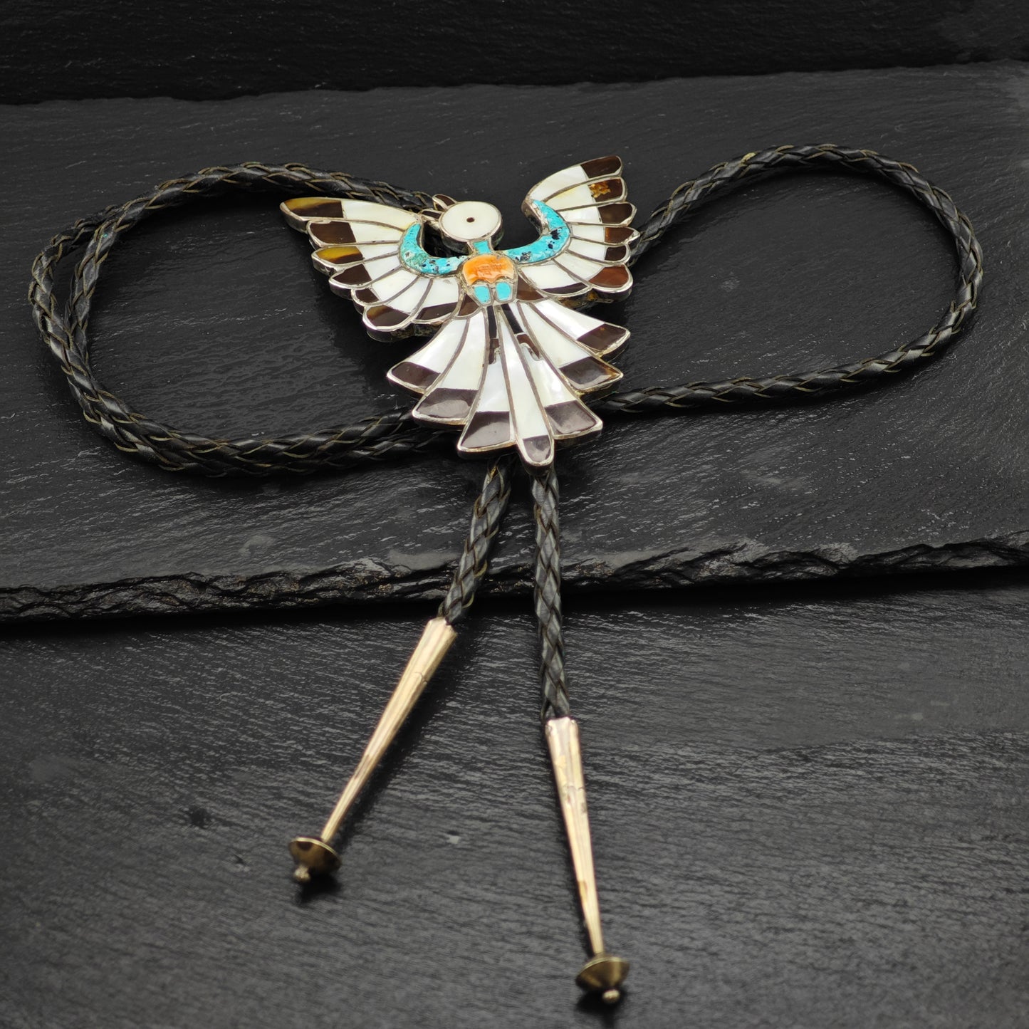 Native American Sterling Silver Thunderbird Leather Bolo Tie N2674