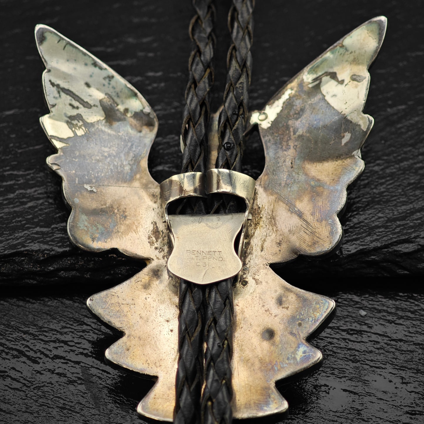 Native American Sterling Silver Thunderbird Leather Bolo Tie N2674