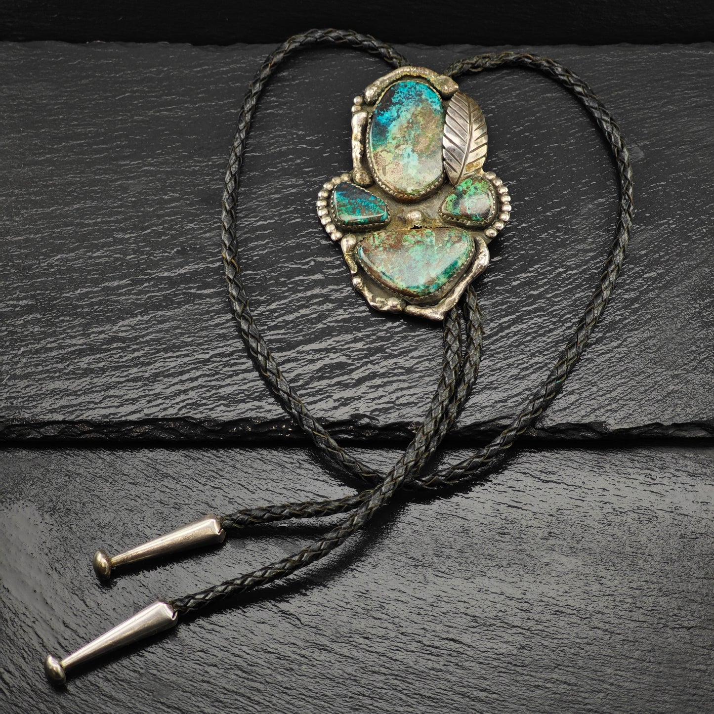Native American Sterling Silver Bisbee Chrysocolla Bolo Tie N2675