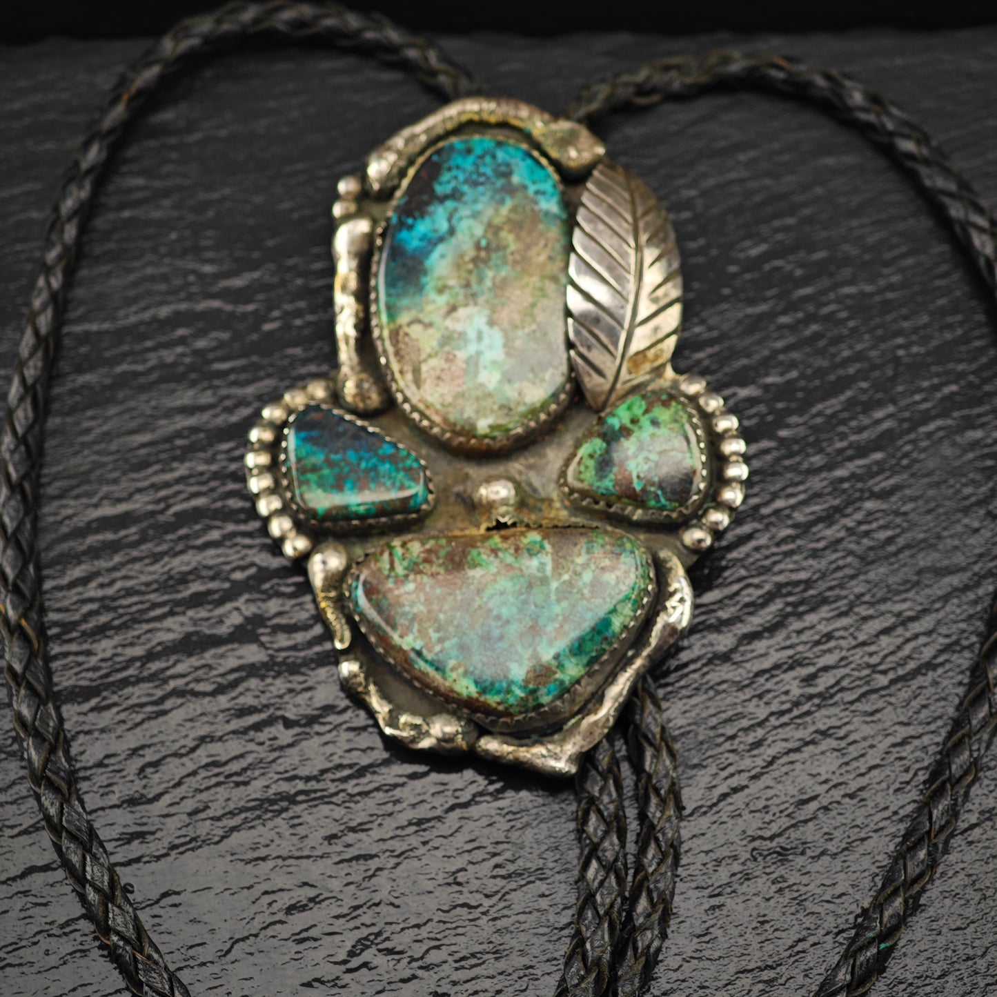 Native American Sterling Silver Bisbee Chrysocolla Bolo Tie N2675