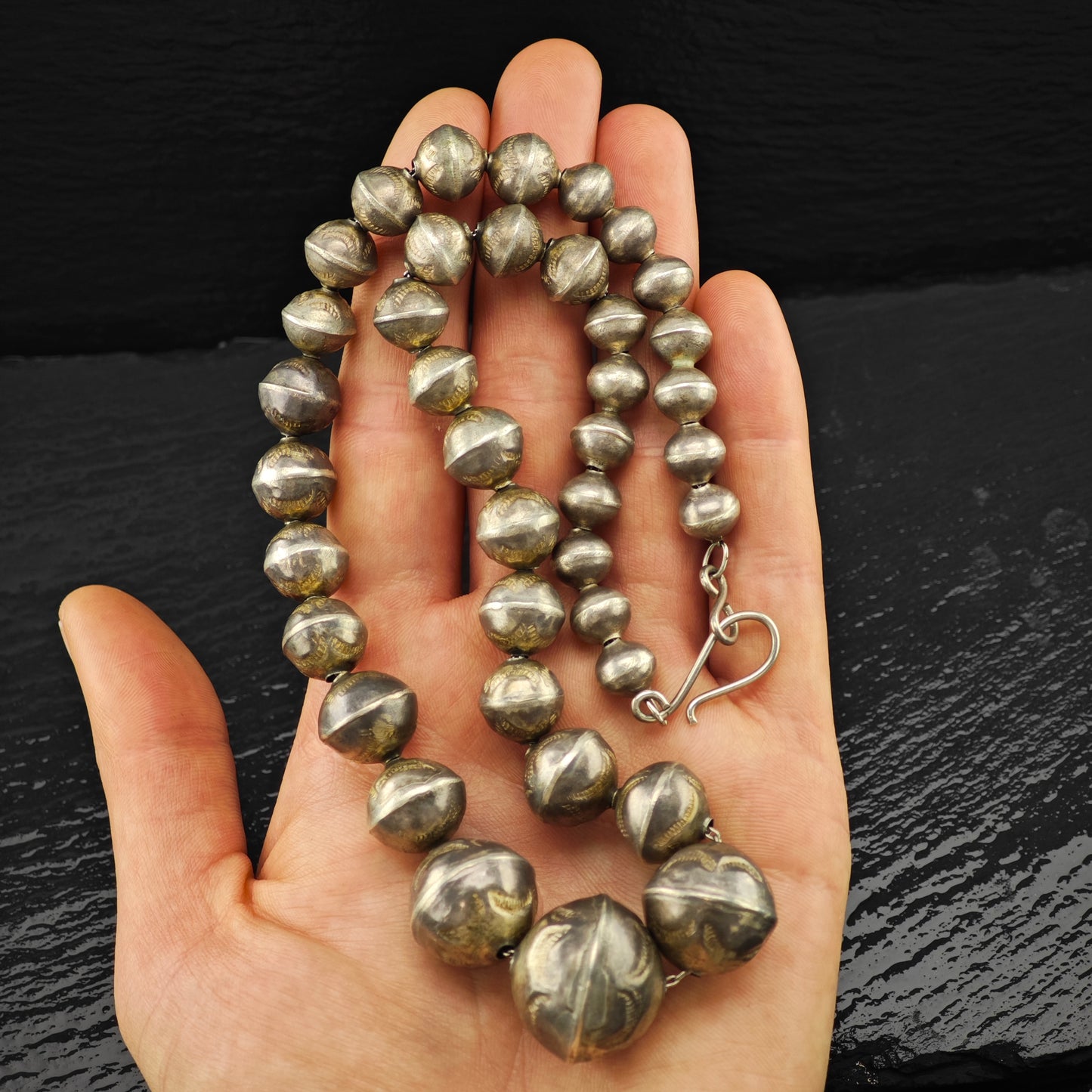 Vintage Native American Sterling Silver Stamped Beaded Necklace N2678
