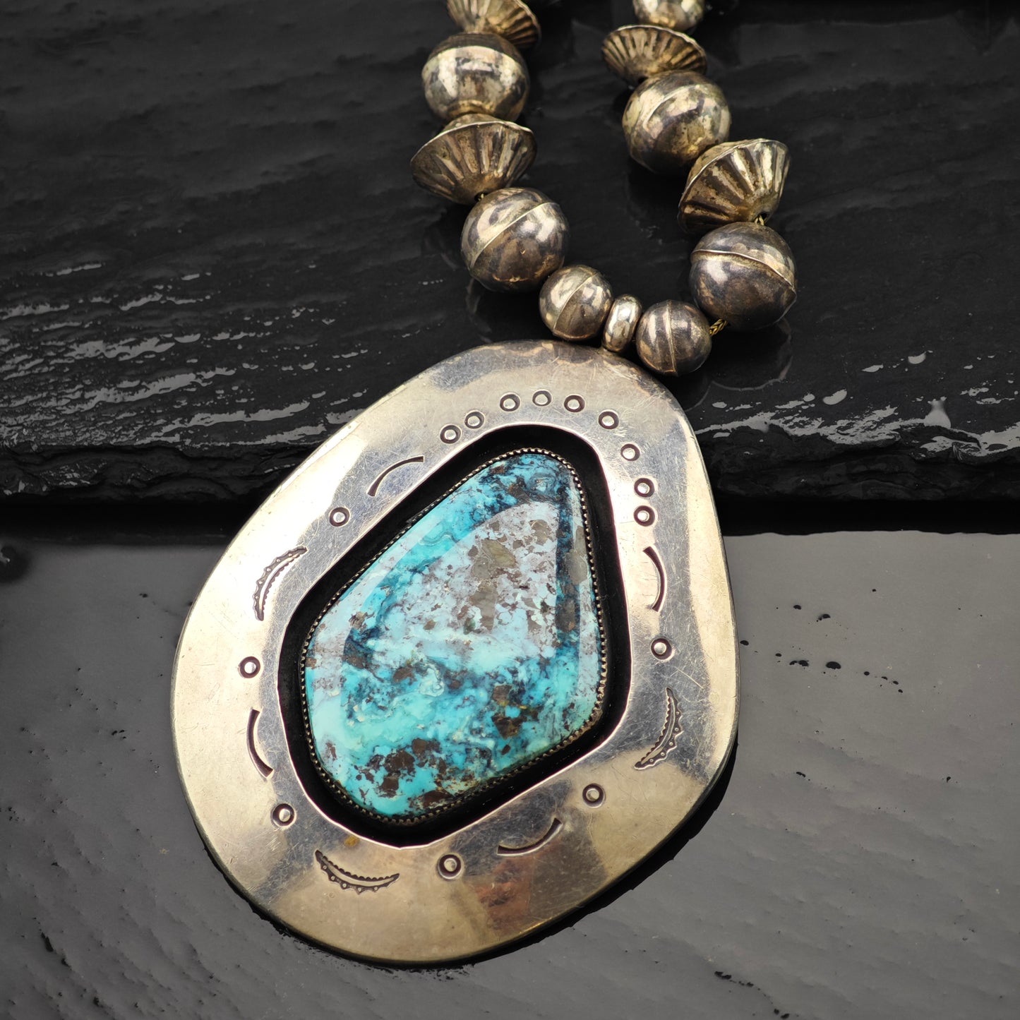 Native American Turquoise Sterling Silver Shadowbox Necklace N2679