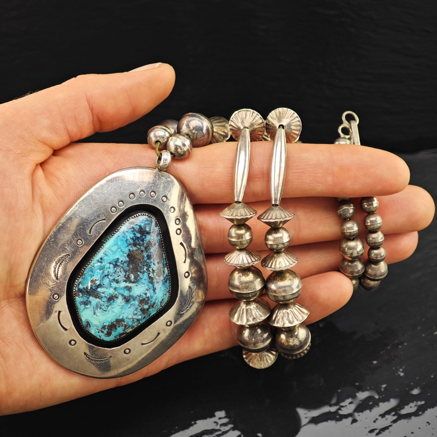 Native American Turquoise Sterling Silver Shadowbox Necklace N2679
