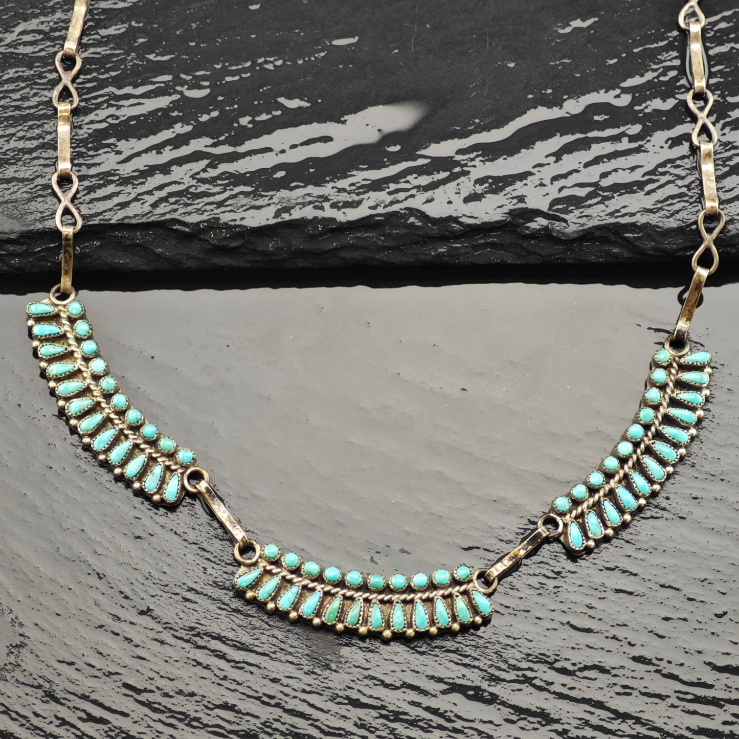 Zuni Sterling Silver Turquoise Cluster Necklace N2682